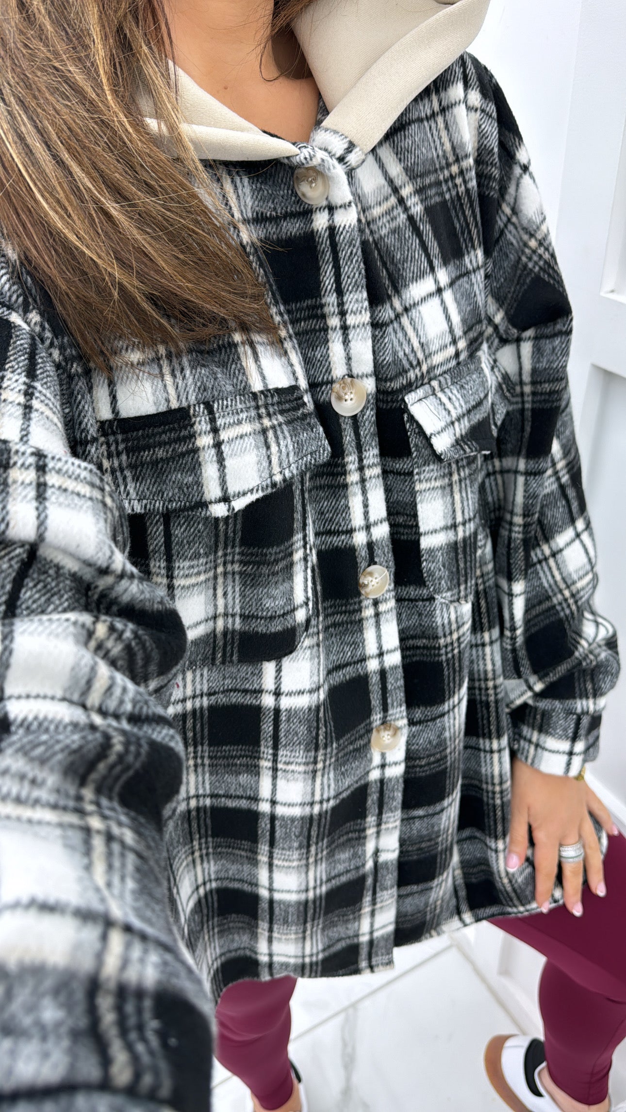 RIO monochrome checked hooded shacket