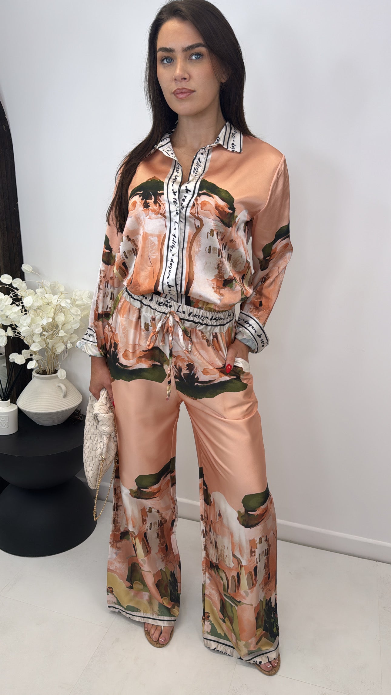 LULU peach printed satin co-ord