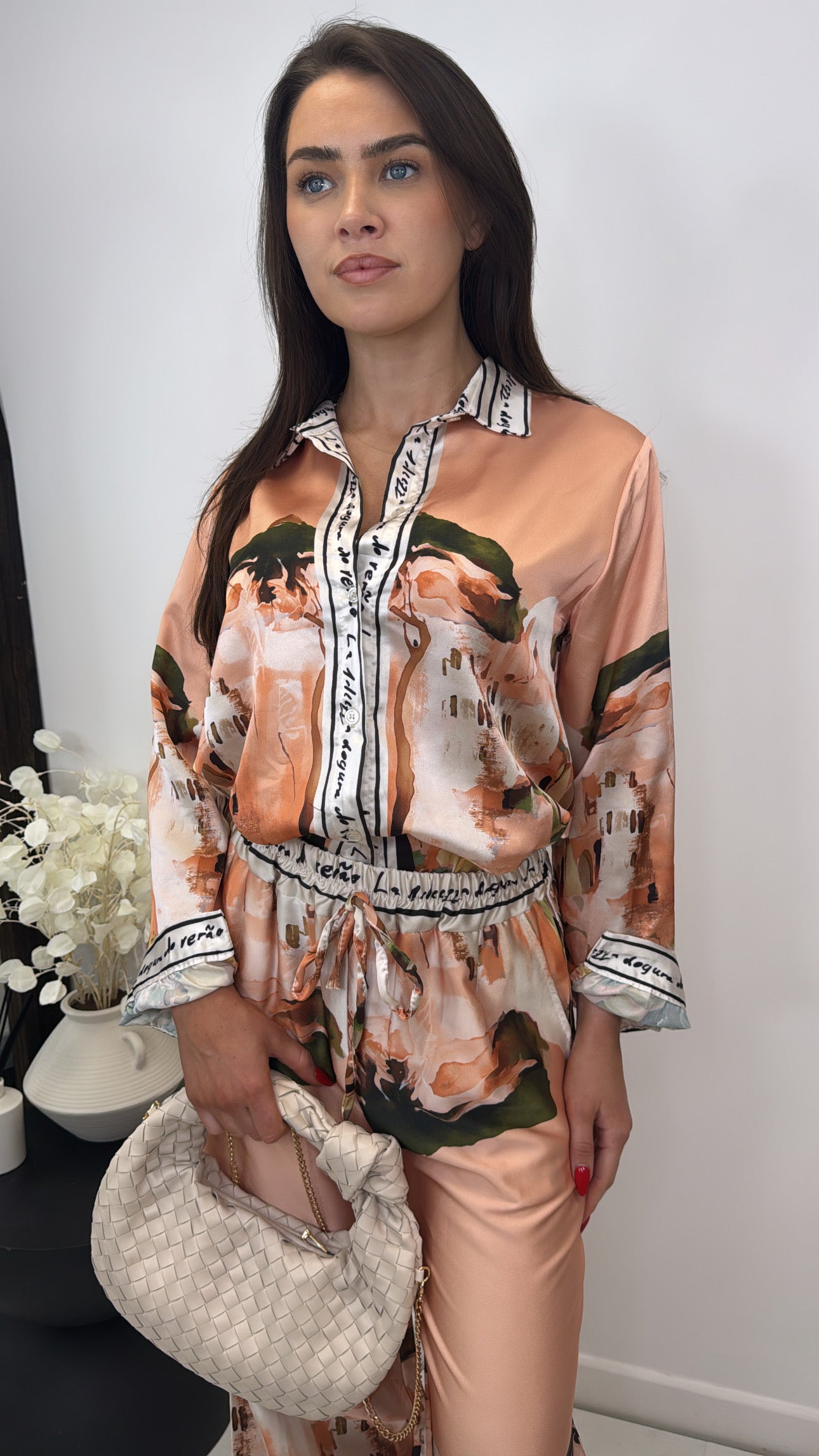 LULU peach printed satin co-ord