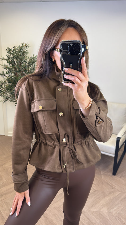 LUNA brown faux suede jacket with gold button and cinched waist