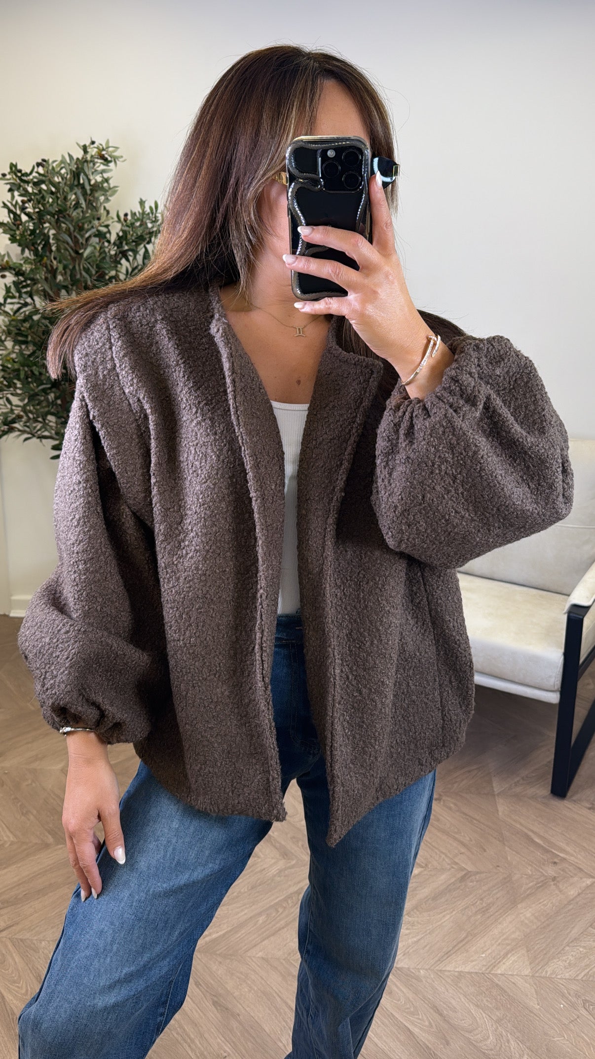 MILEY brown teddy jacket with structured shoulder