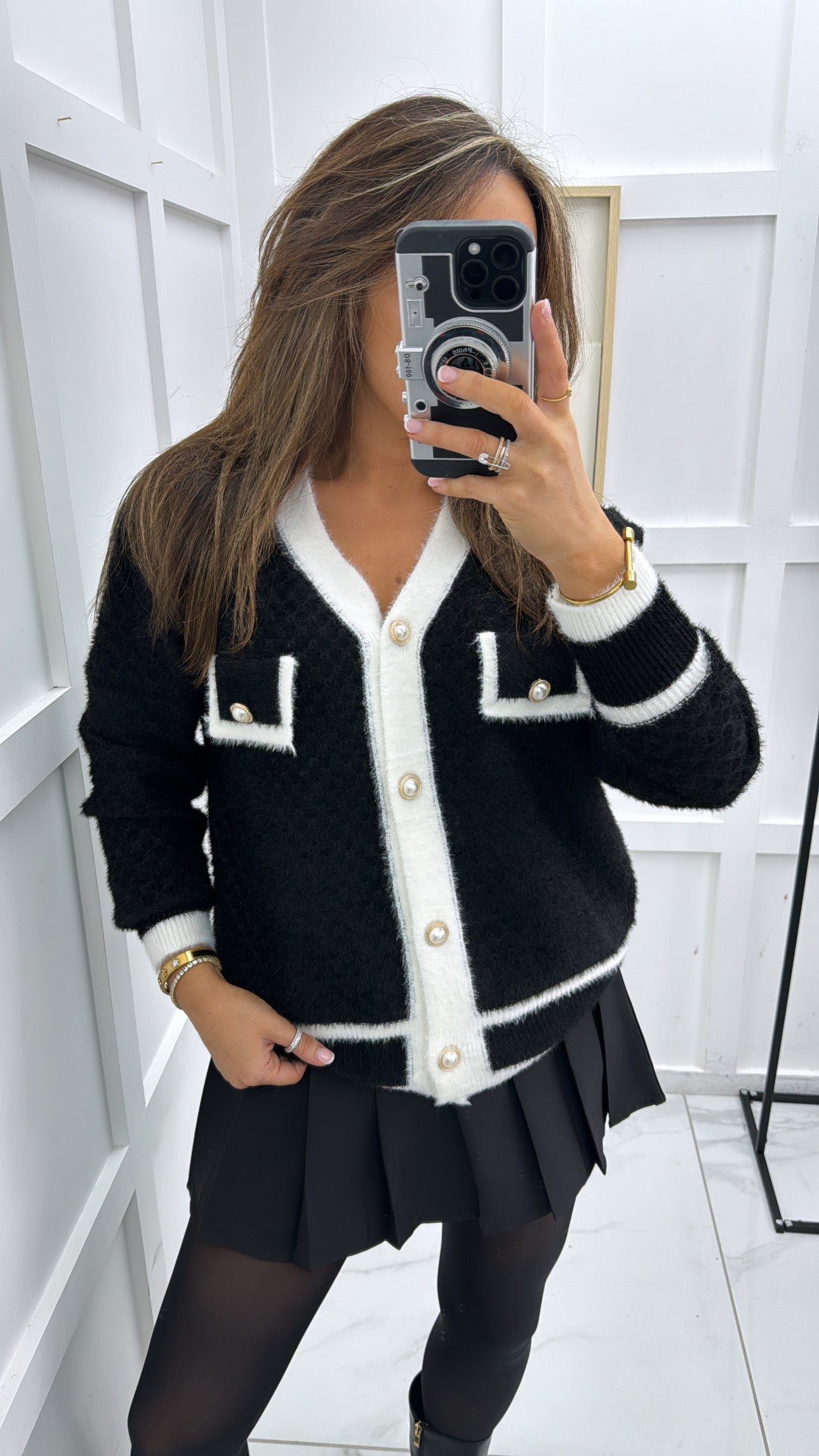 LIZZY black with white contrast soft knit cardigan