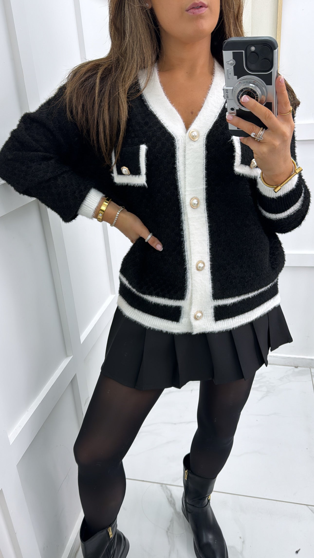 LIZZY black with white contrast soft knit cardigan