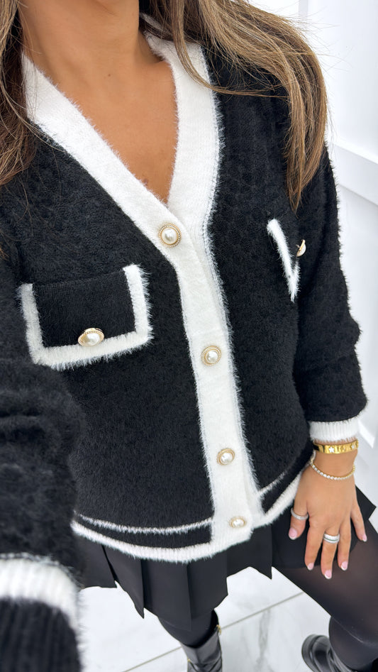 LIZZY black with white contrast soft knit cardigan