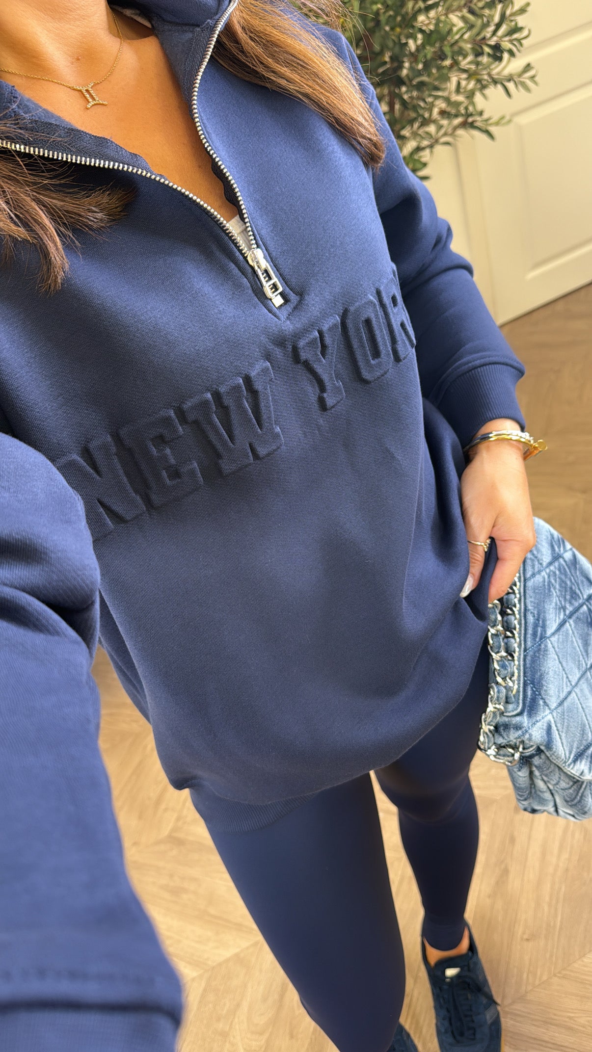NEW YORK navy embossed logo half zip oversized sweatshirt
