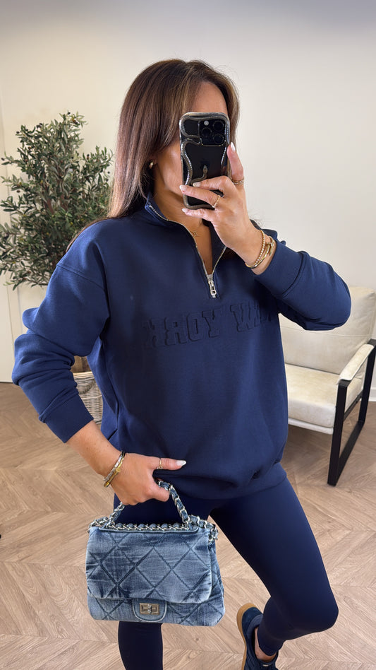NEW YORK navy embossed logo half zip oversized sweatshirt