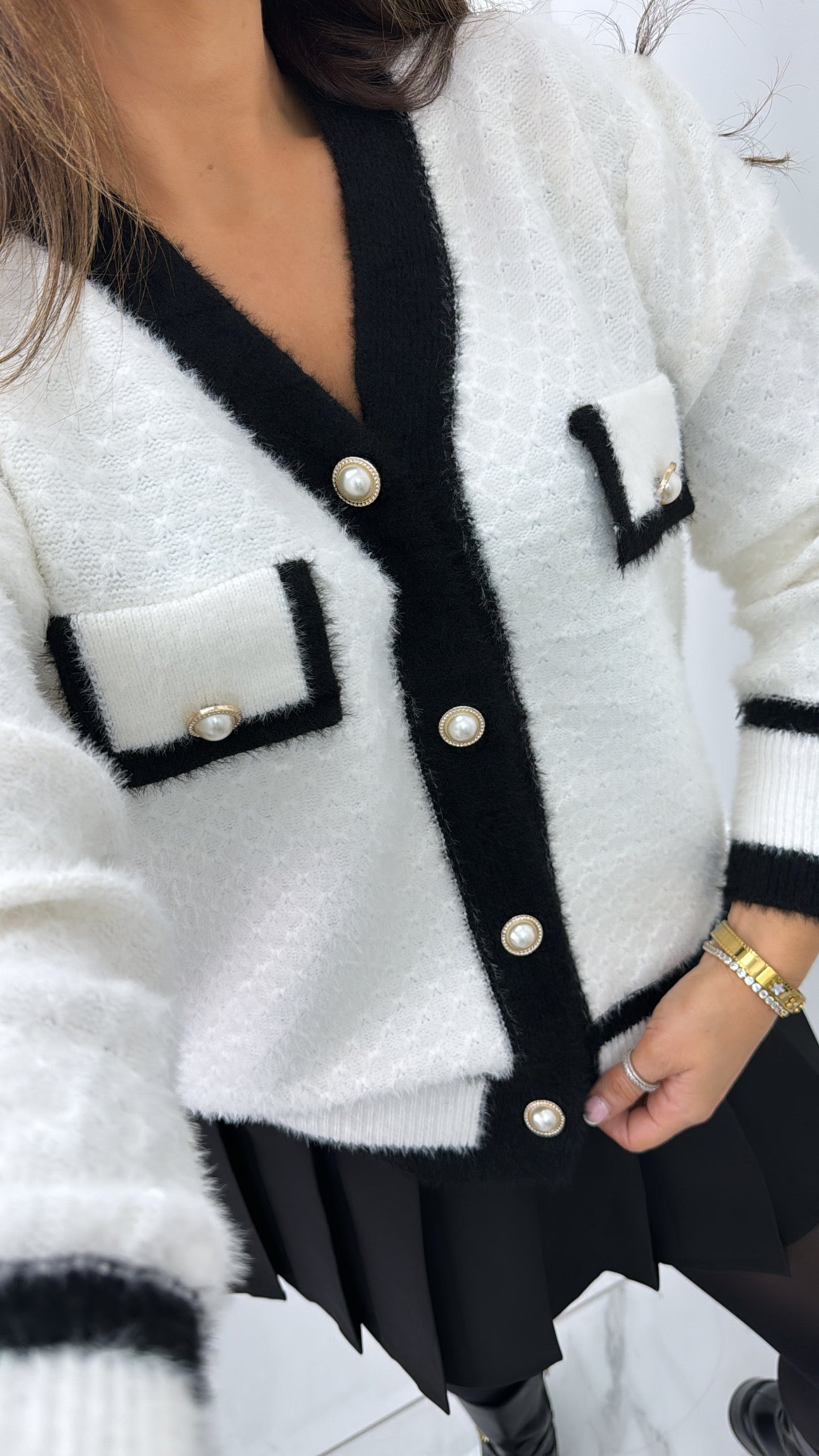 LIZZY white with black contrast soft knit cardigan