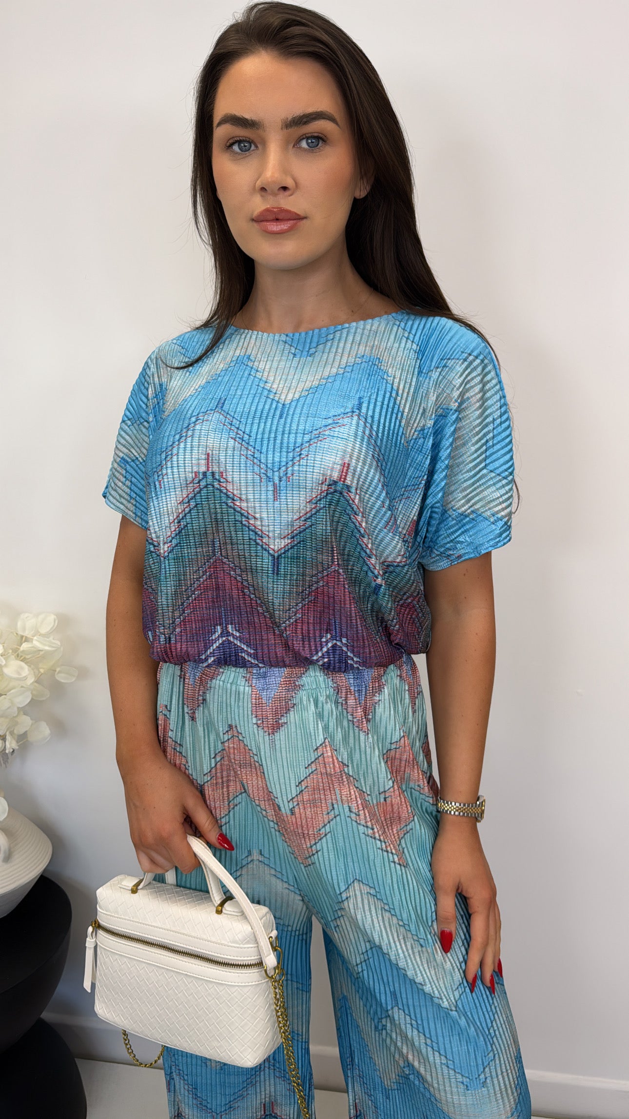 AURORA blue chevron printed pleated trouser co-ord