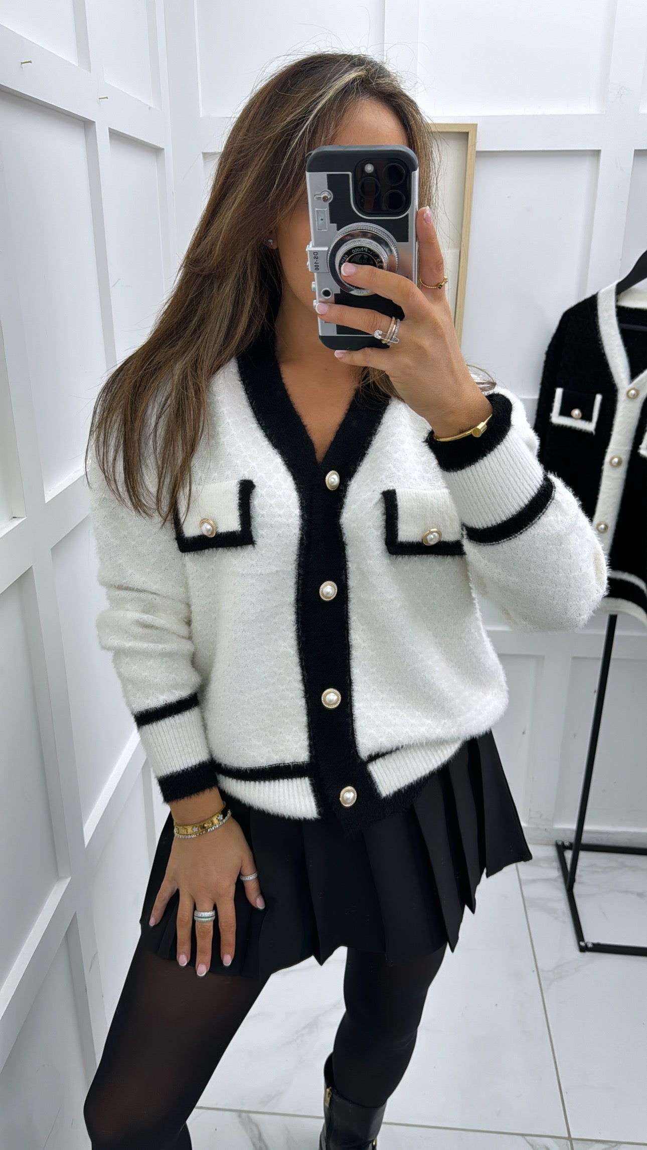 LIZZY white with black contrast soft knit cardigan