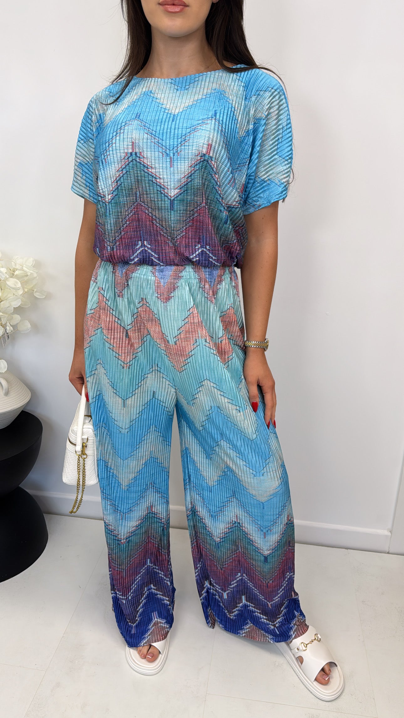 AURORA blue chevron printed pleated trouser co-ord