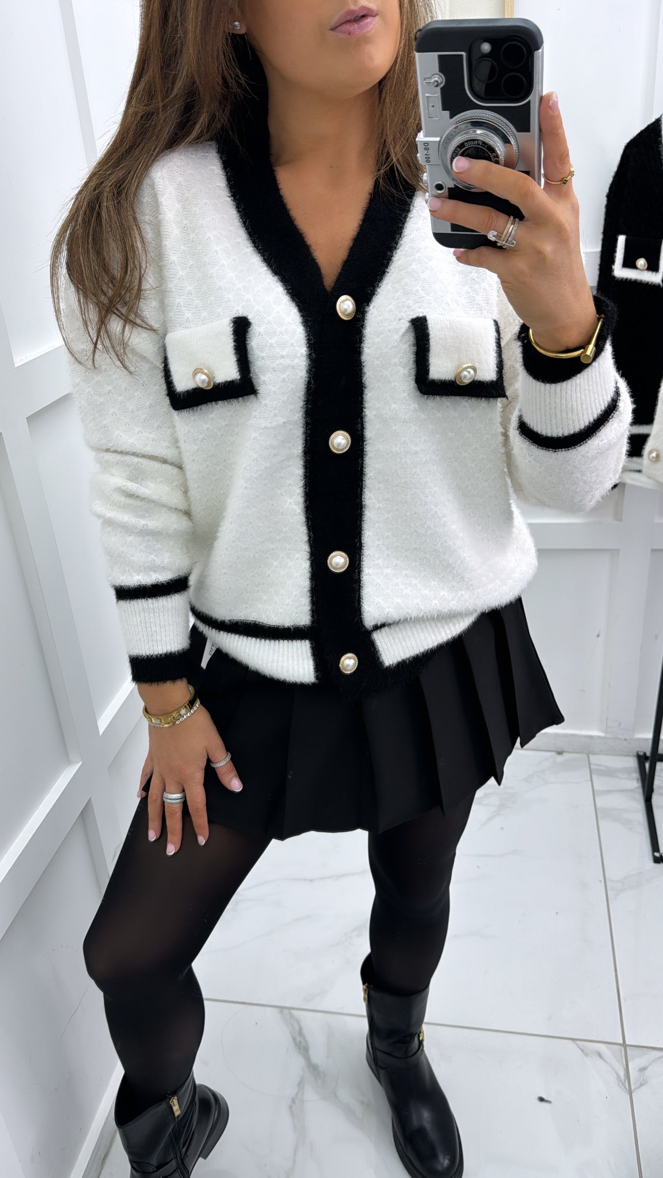 LIZZY white with black contrast soft knit cardigan