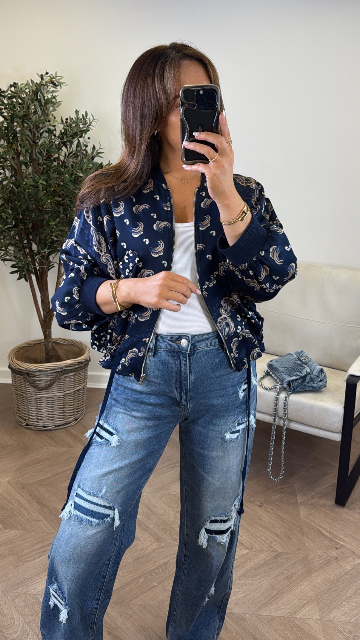 FLORENCE navy bandana print bomber jacket