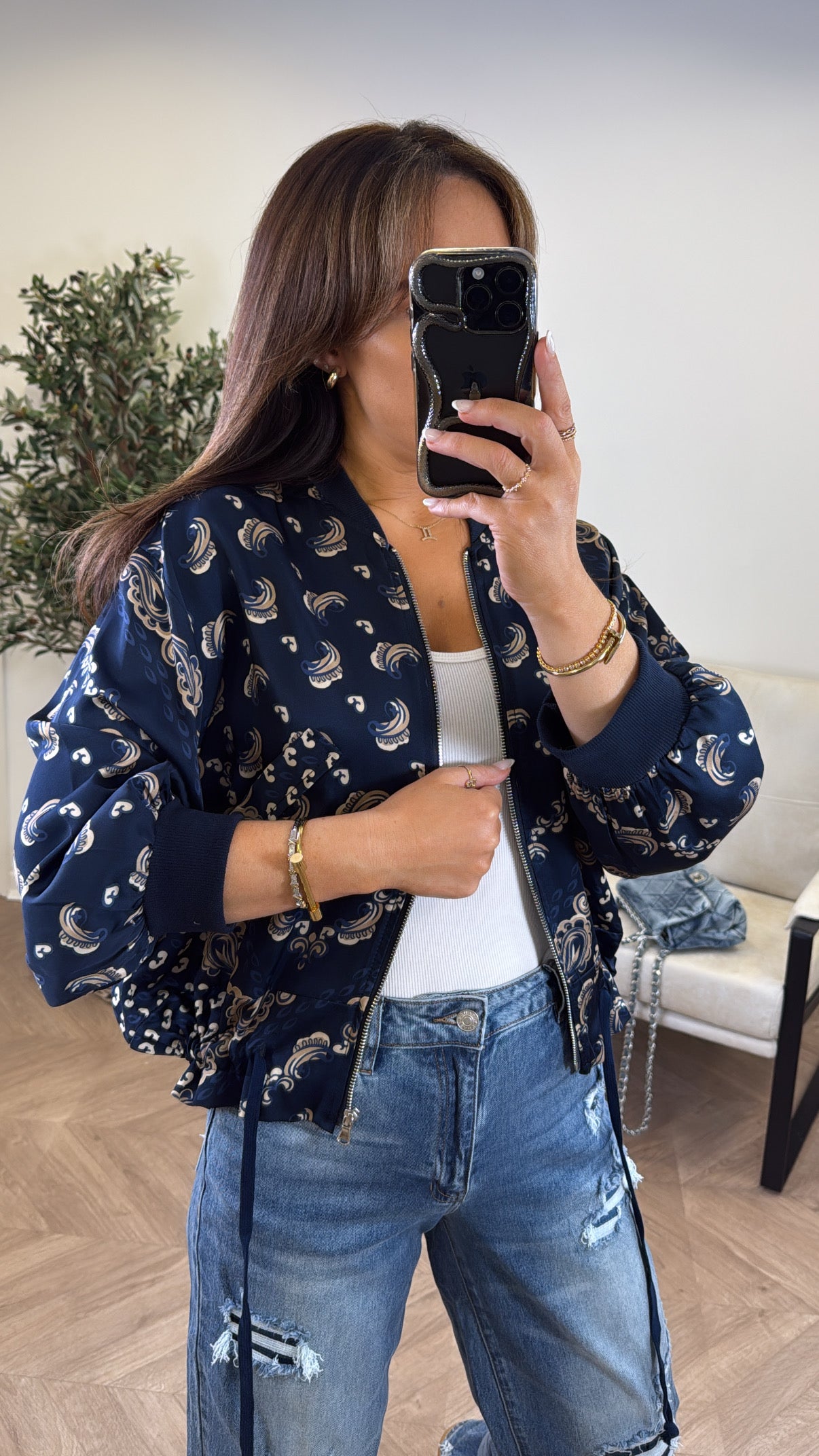 FLORENCE navy bandana print bomber jacket