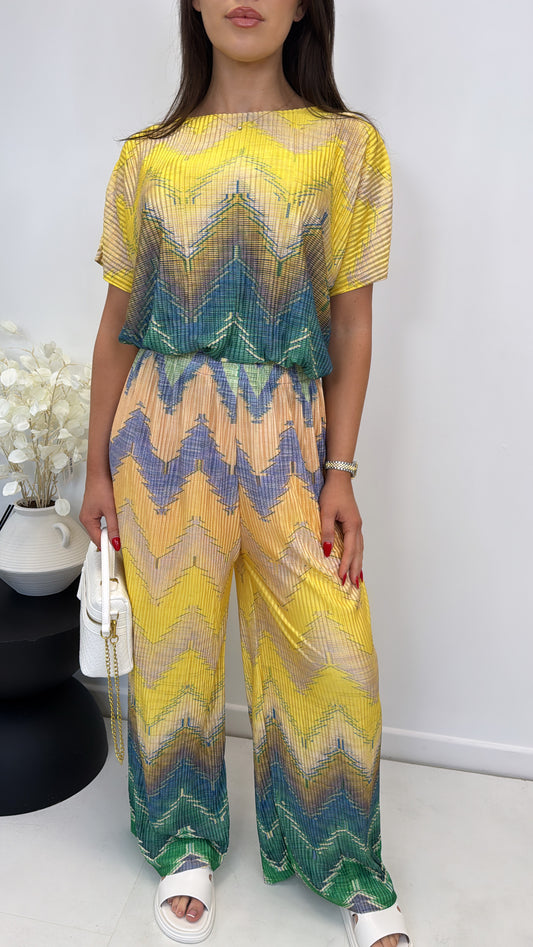 AURORA yellow chevron printed pleated trouser co-ord