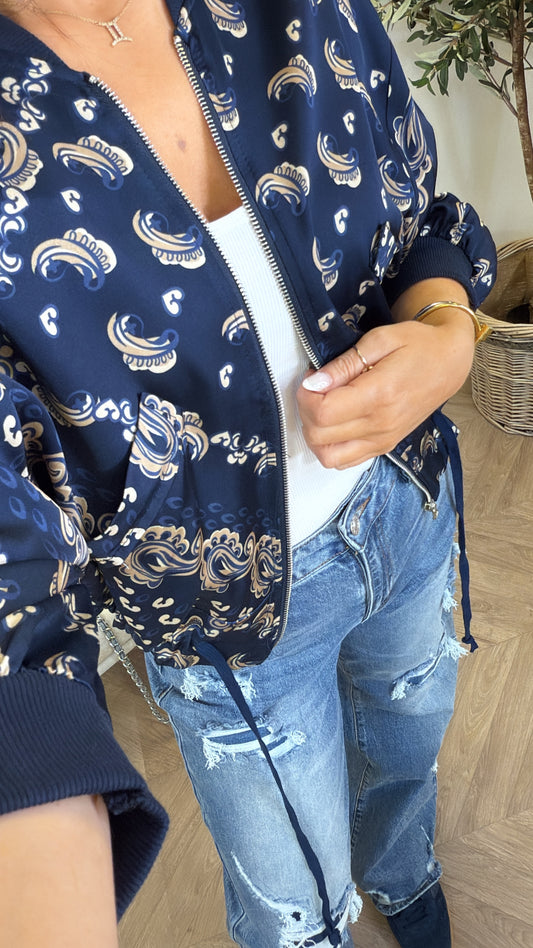FLORENCE navy bandana print bomber jacket