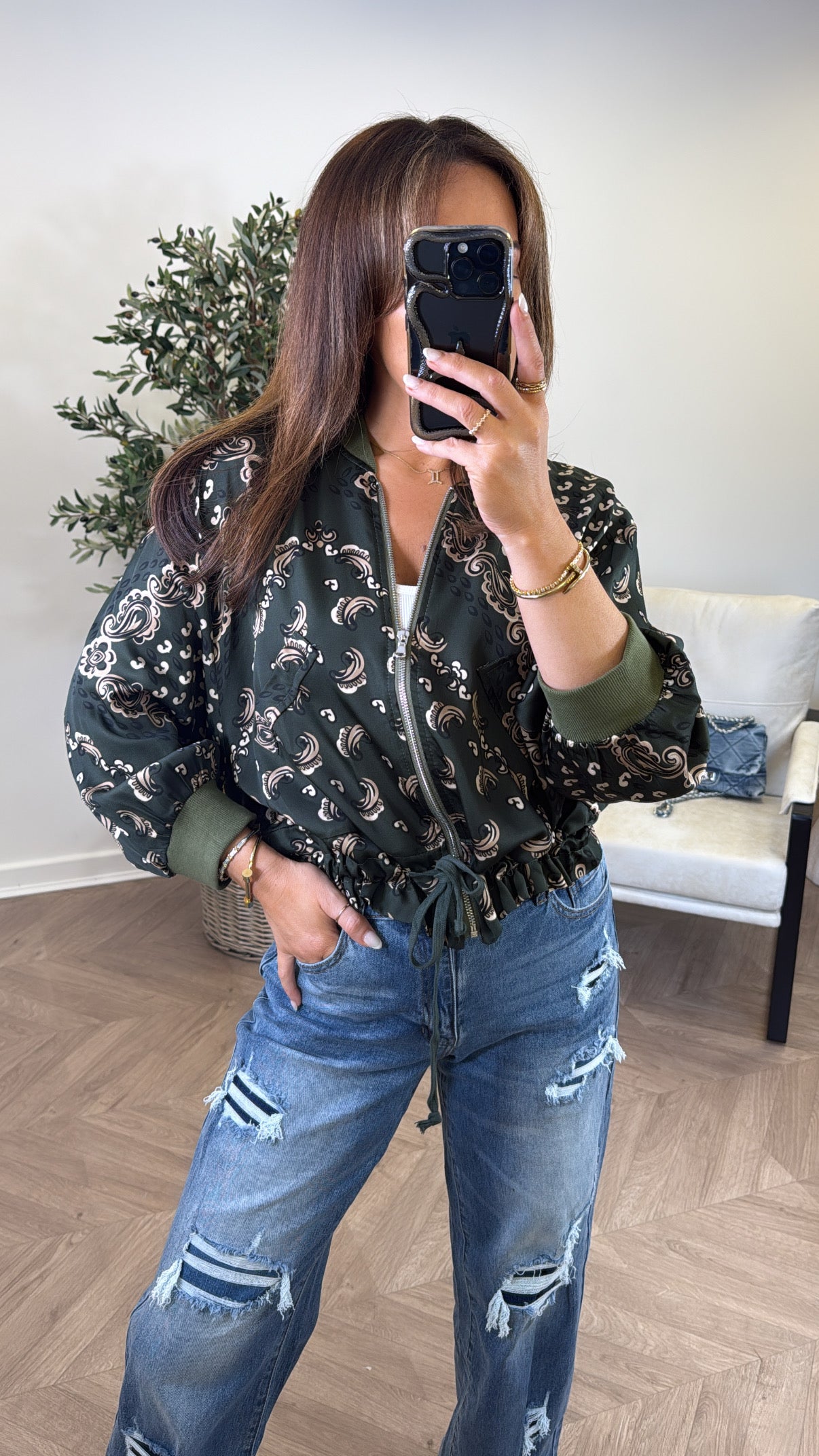 FLORENCE khaki bandana print bomber jacket