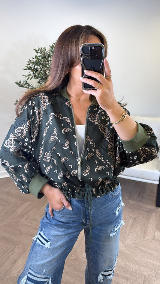 FLORENCE khaki bandana print bomber jacket