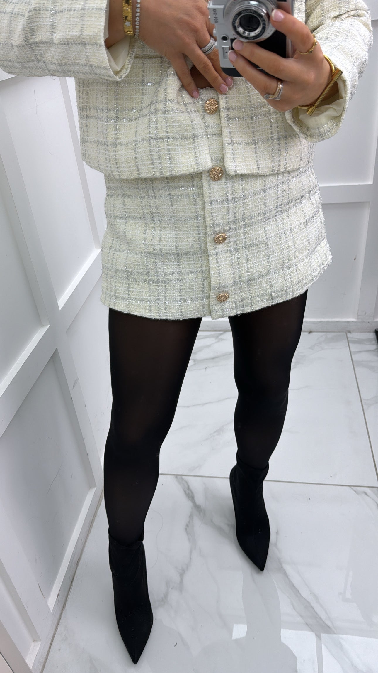 LOGAN cream and silver tweed skort with gold button detail