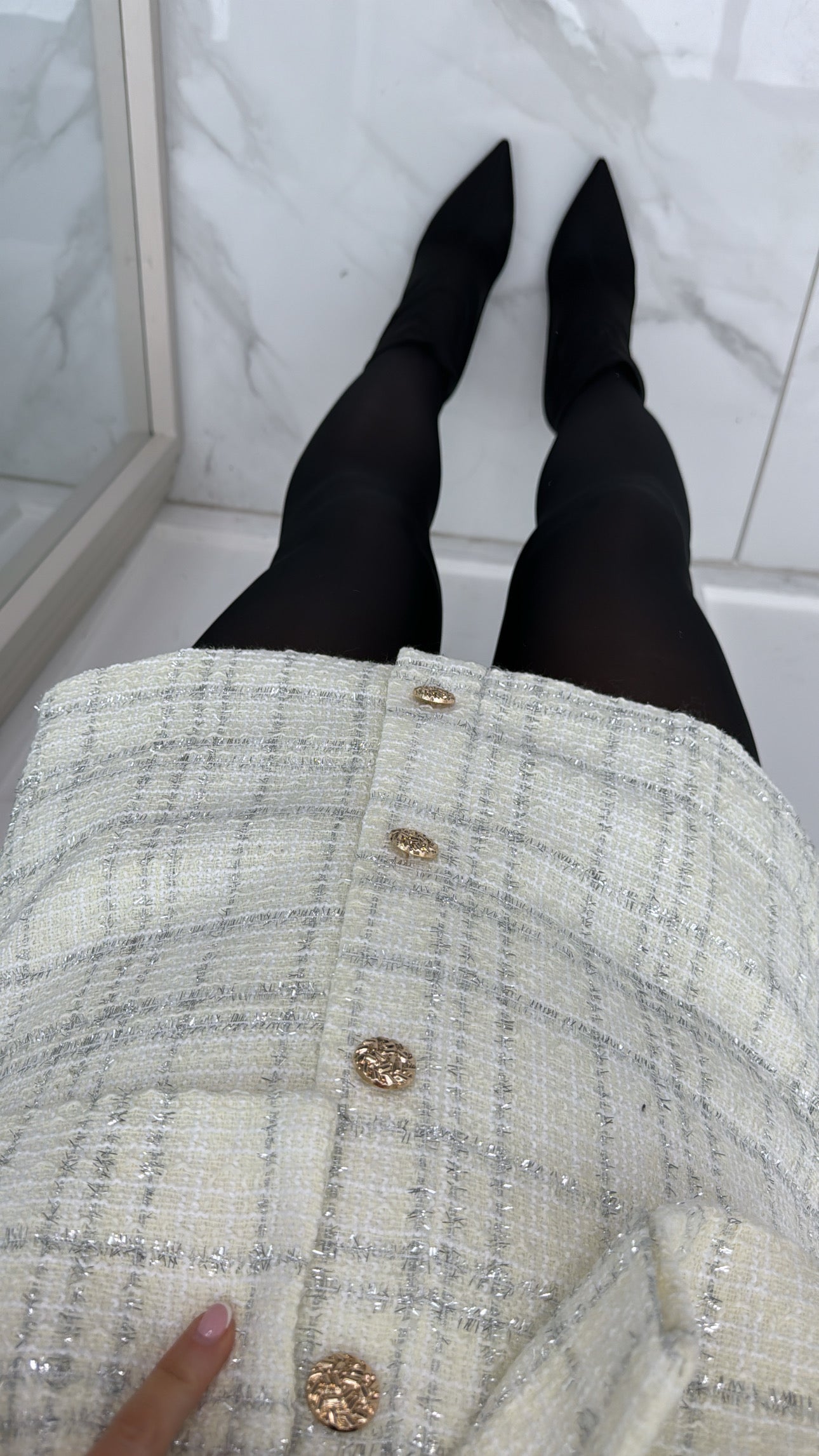 LOGAN cream and silver tweed skort with gold button detail