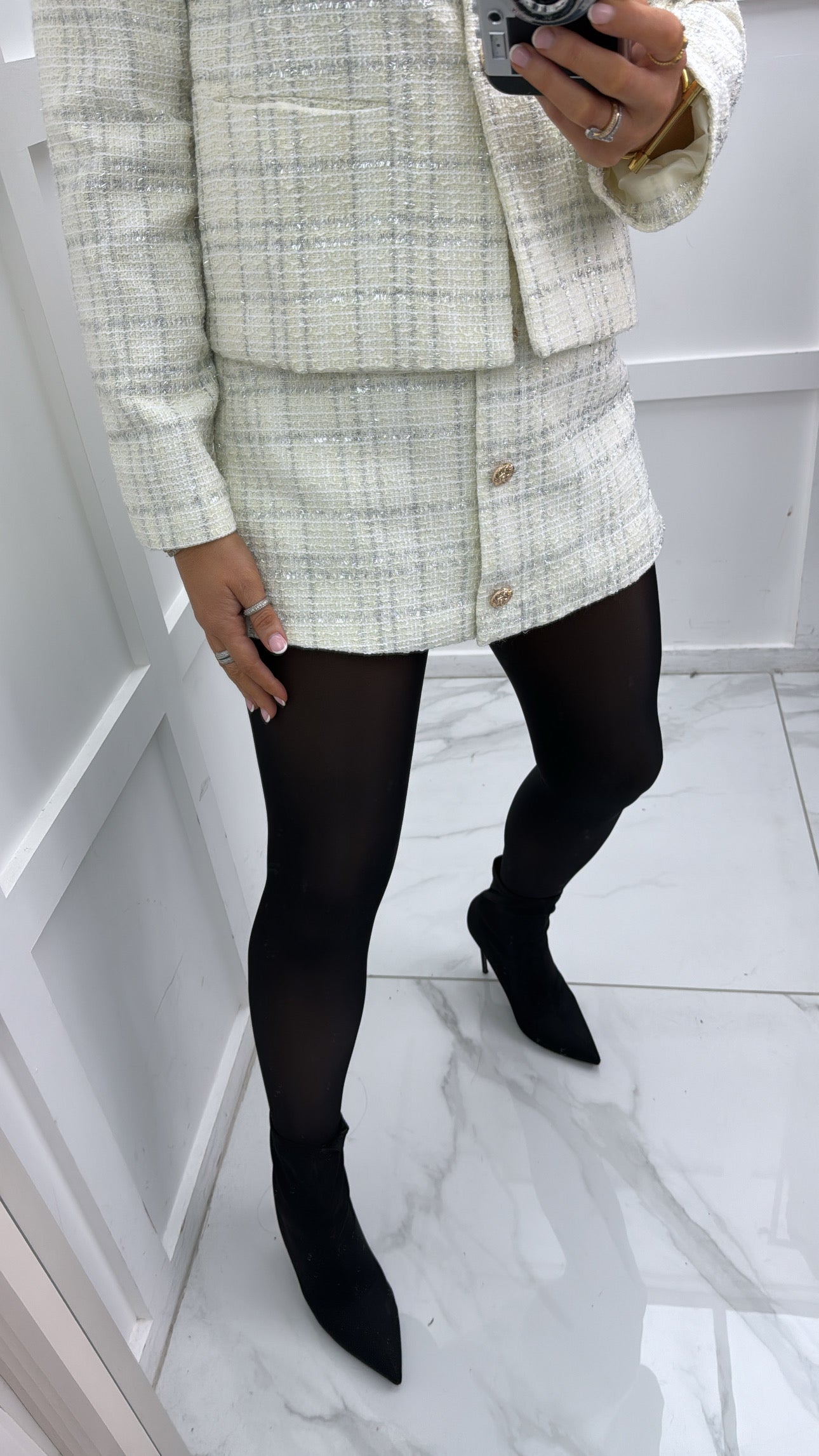 LOGAN cream and silver tweed skort with gold button detail