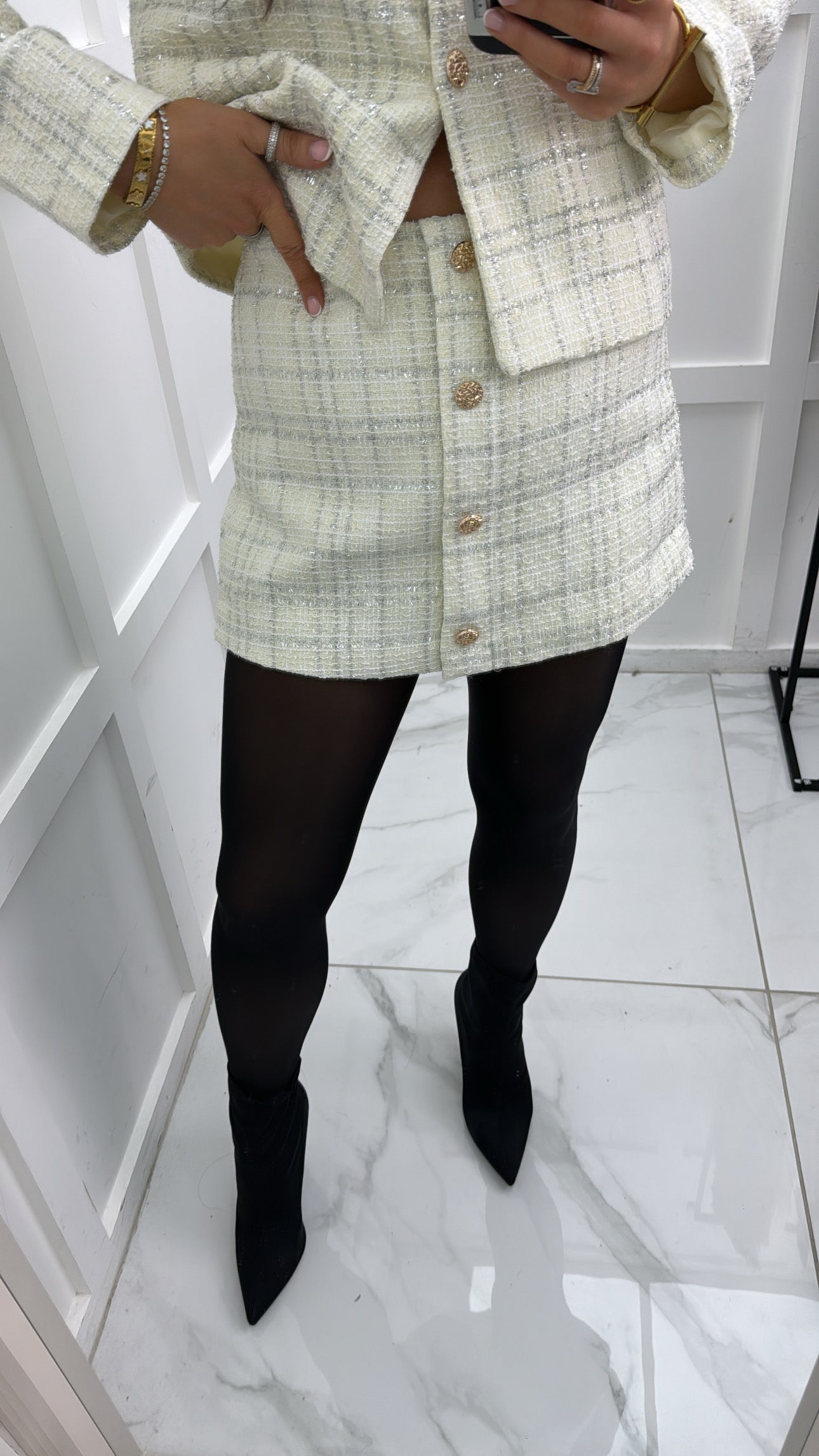 LOGAN cream and silver tweed skort with gold button detail