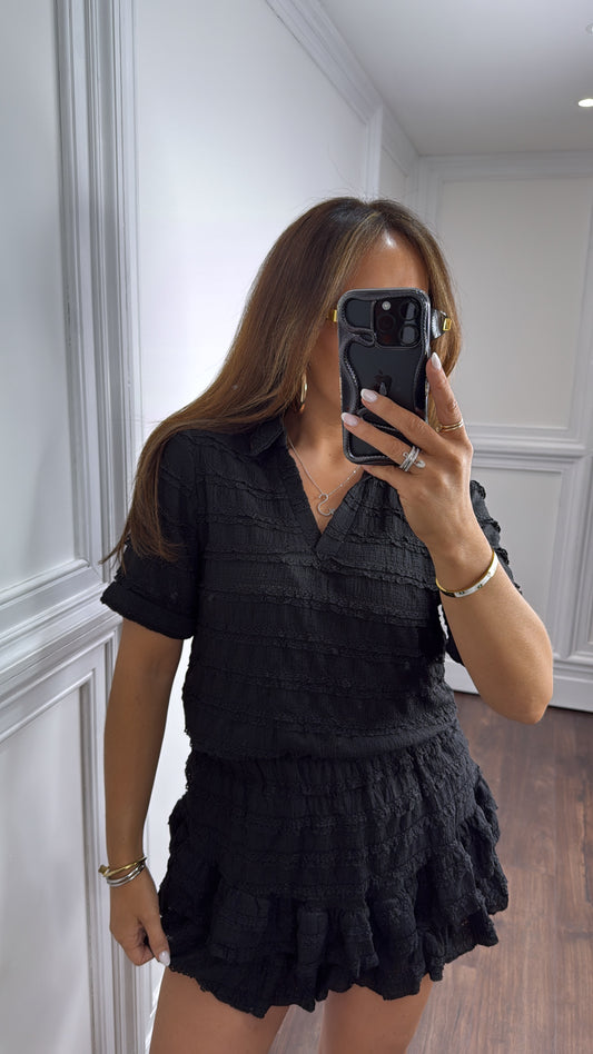 LEXIE black textured ruffle skort co-ord