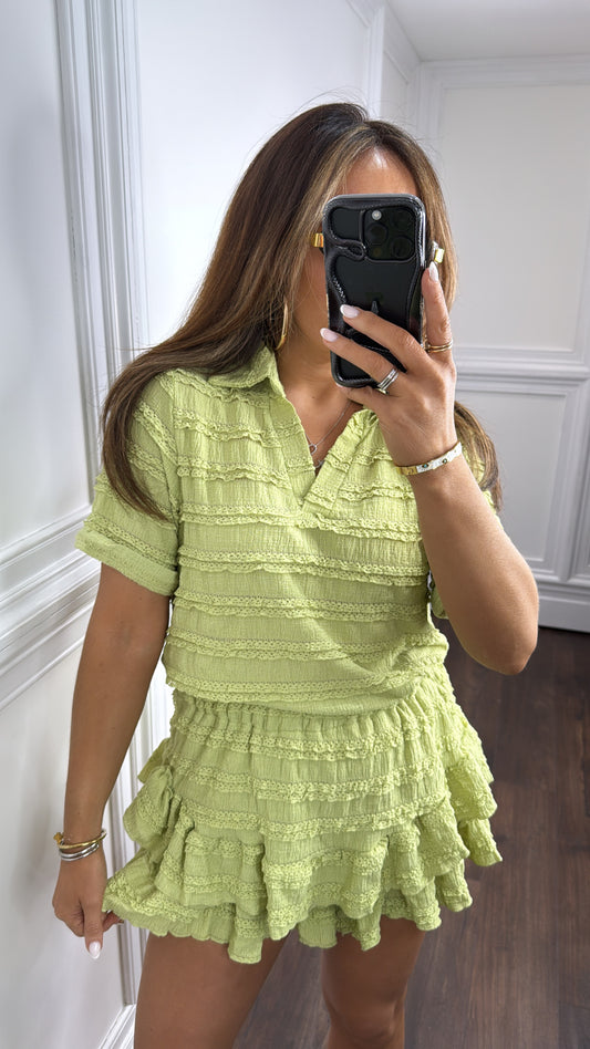 LEXIE sage green textured ruffle skort co-ord