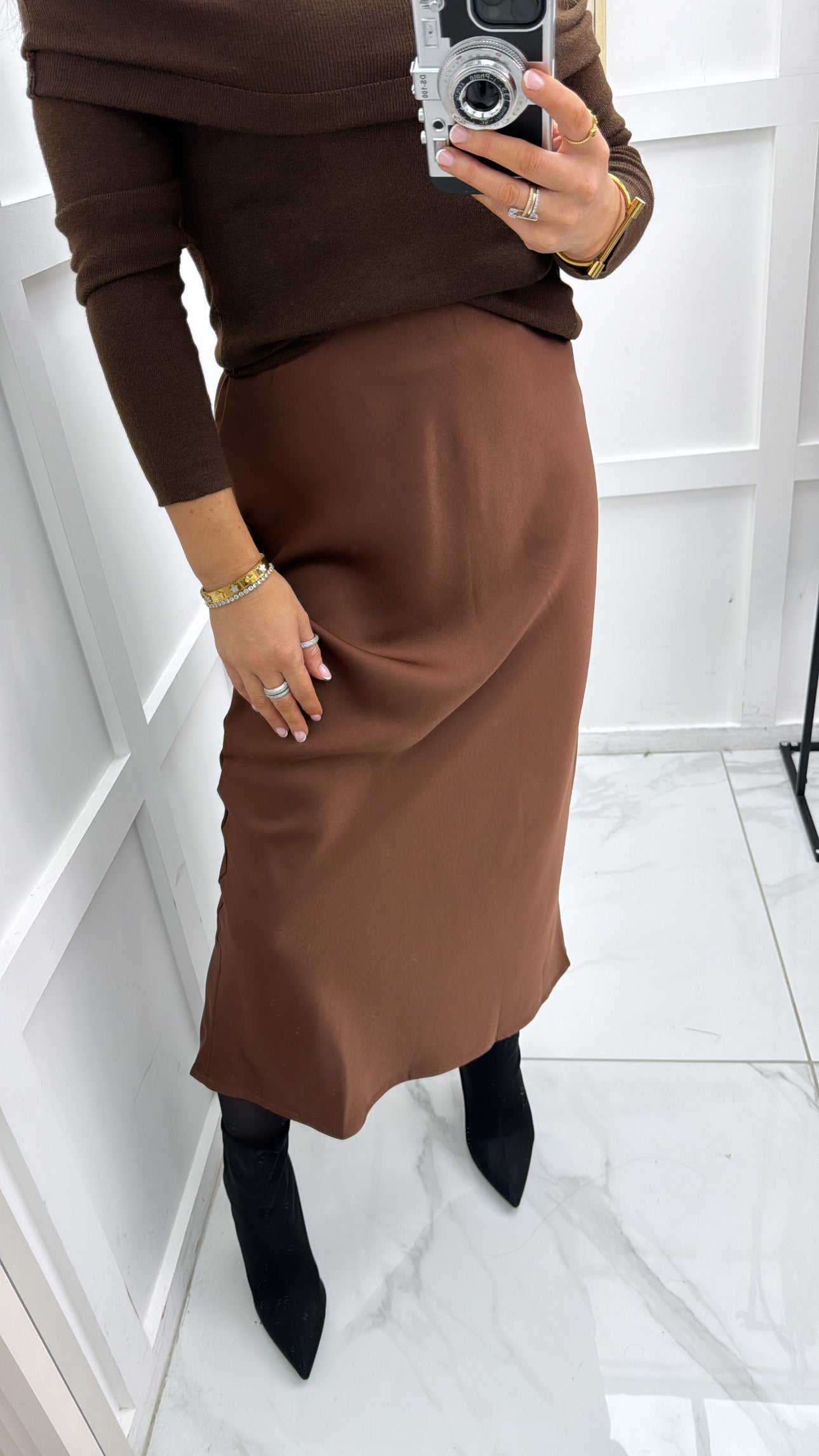 CLAUDIA brown satin midi skirt