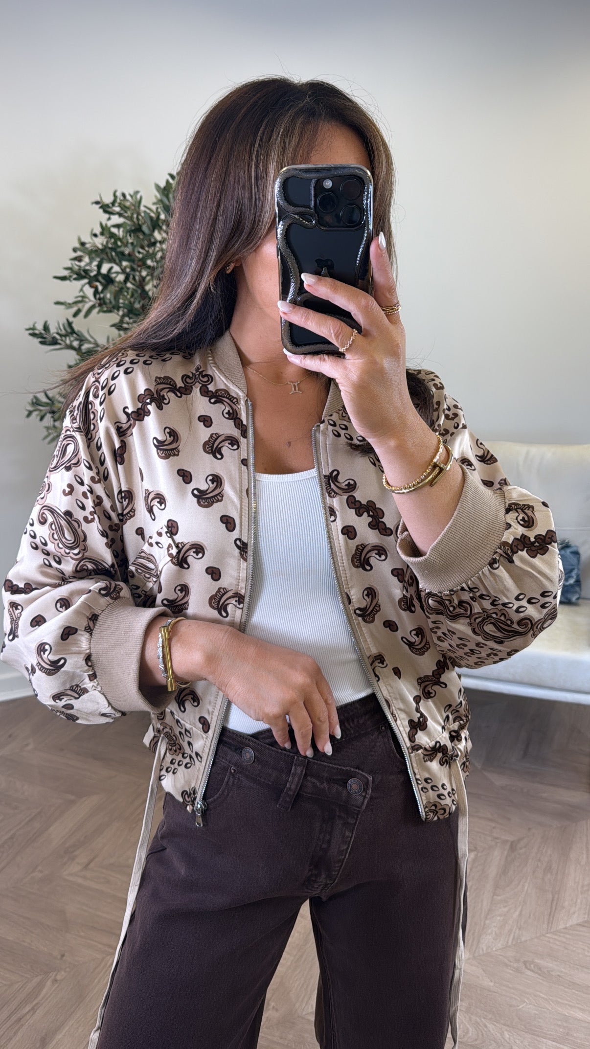 FLORENCE camel bandana print bomber jacket