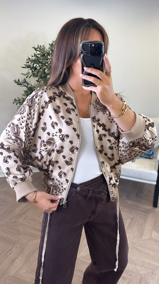 FLORENCE camel bandana print bomber jacket