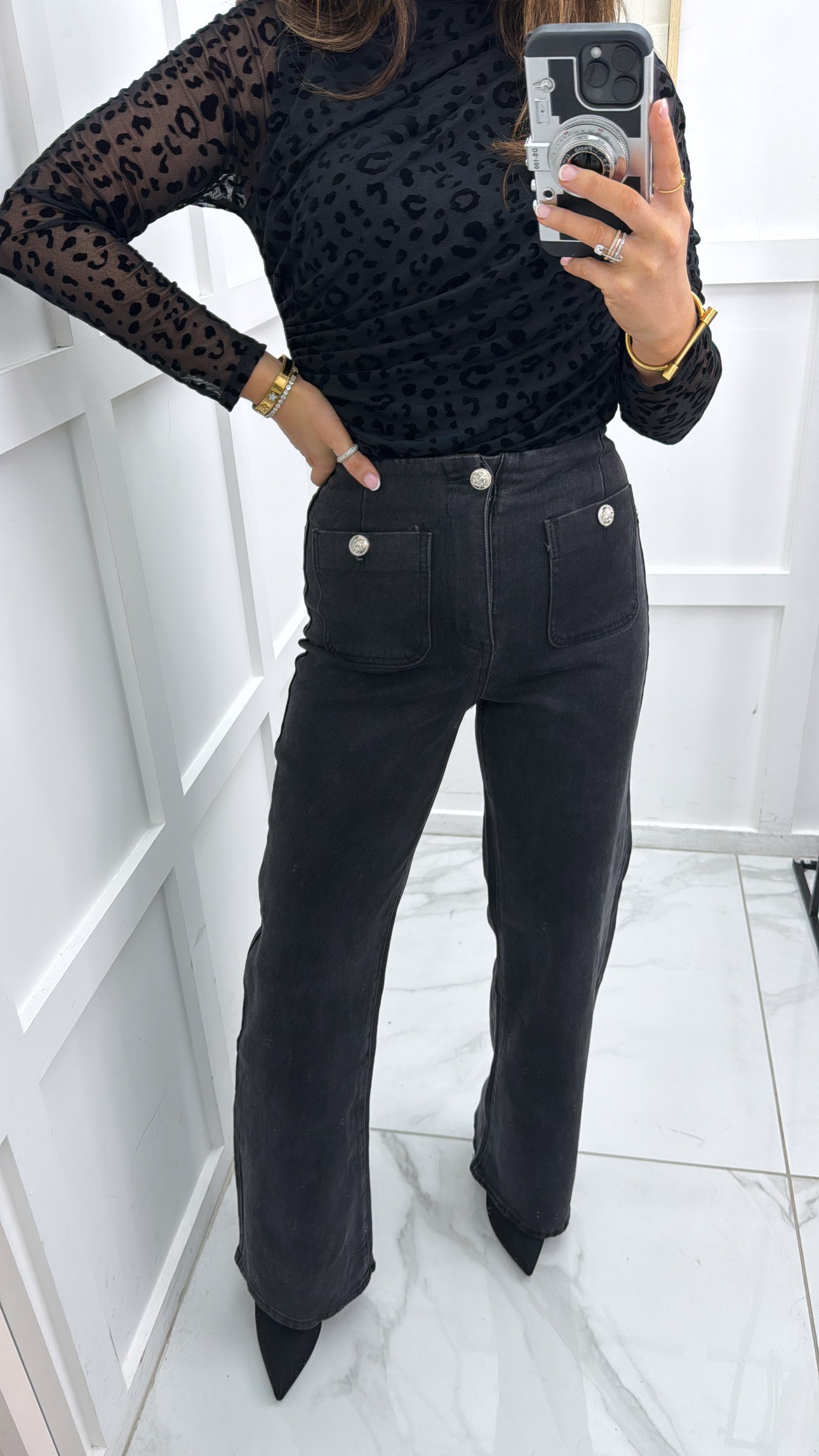 TALIA black bootcut straight leg jeans with silver buttons