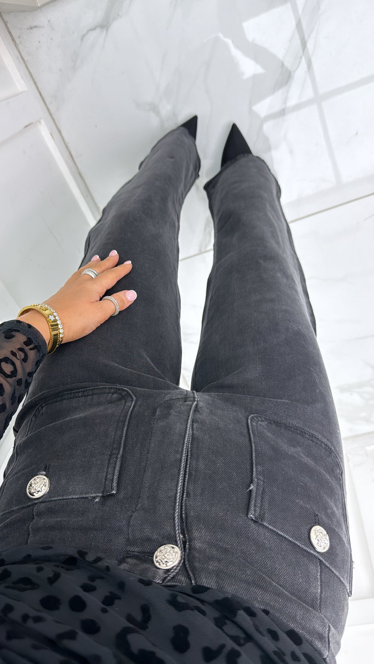 TALIA black bootcut straight leg jeans with silver buttons