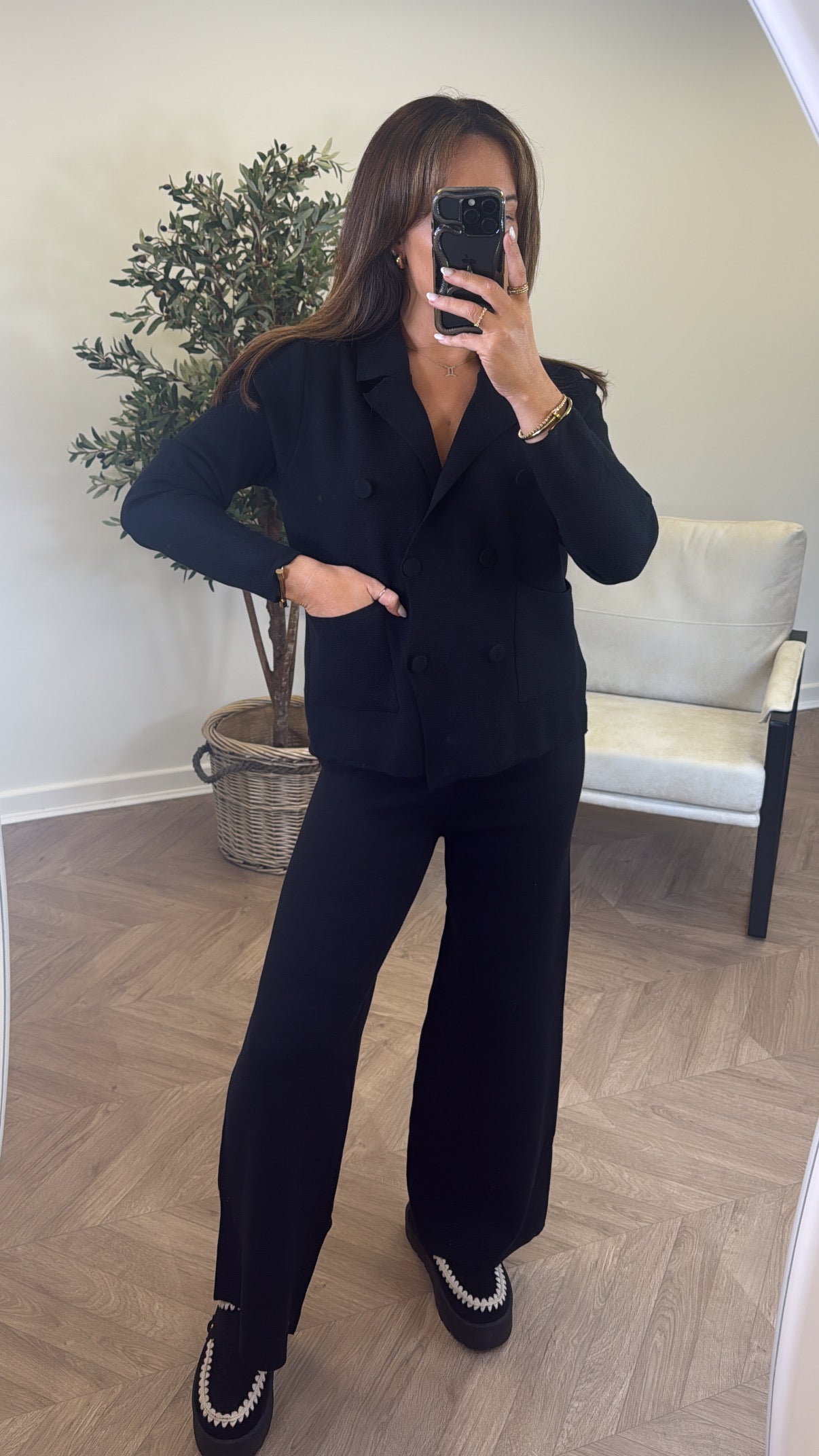 RHEA black knitted cardigan lounge set (shorter leg length)