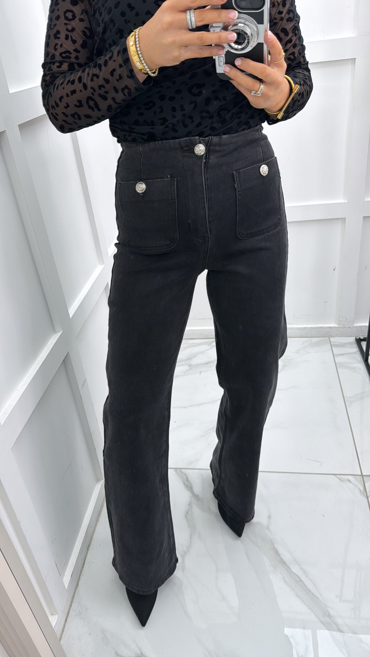 TALIA black bootcut straight leg jeans with silver buttons