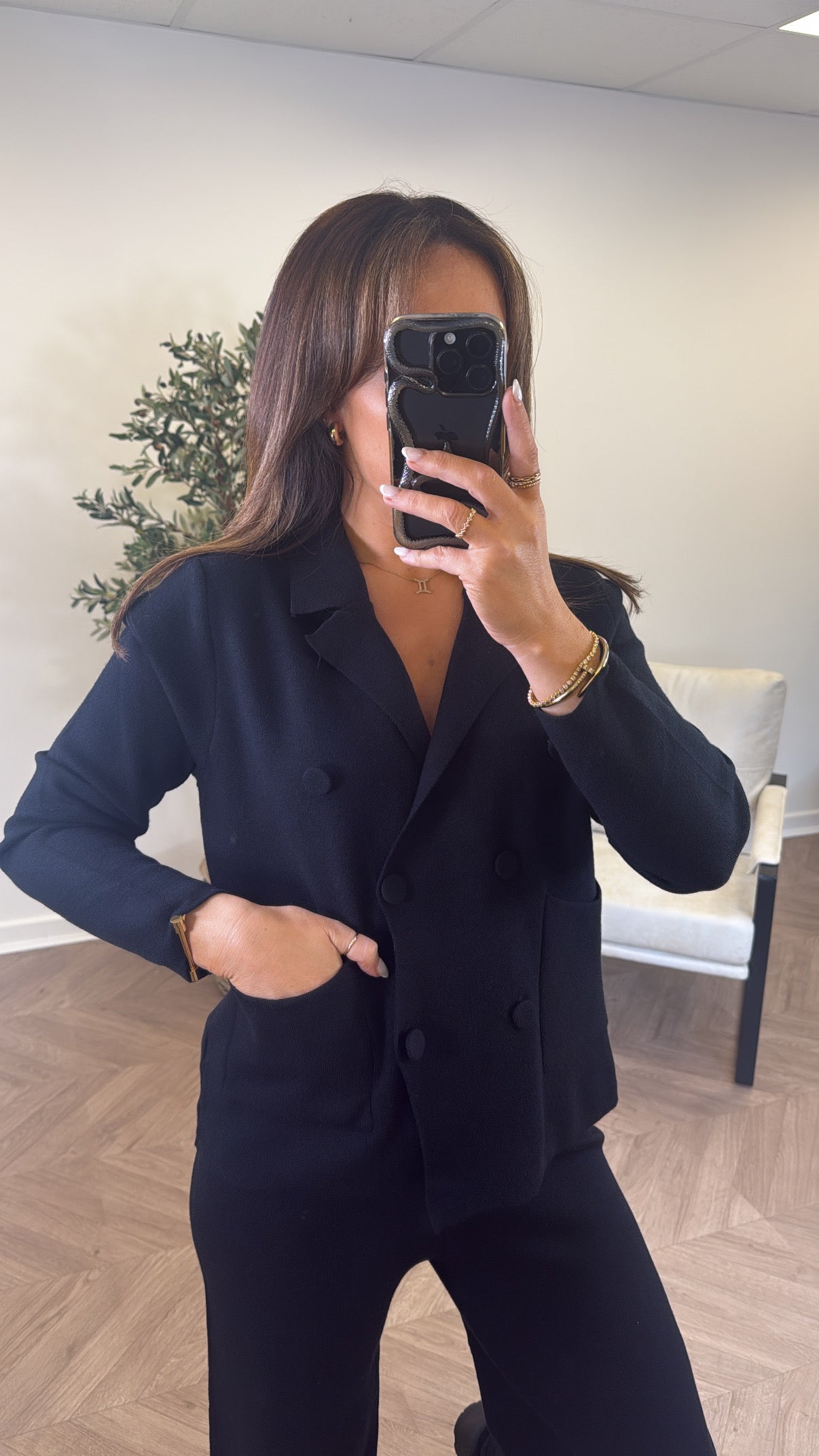 RHEA black knitted cardigan lounge set (shorter leg length)
