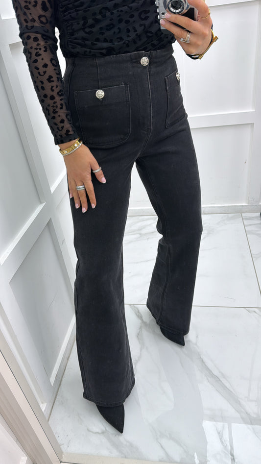 TALIA black bootcut straight leg jeans with silver buttons