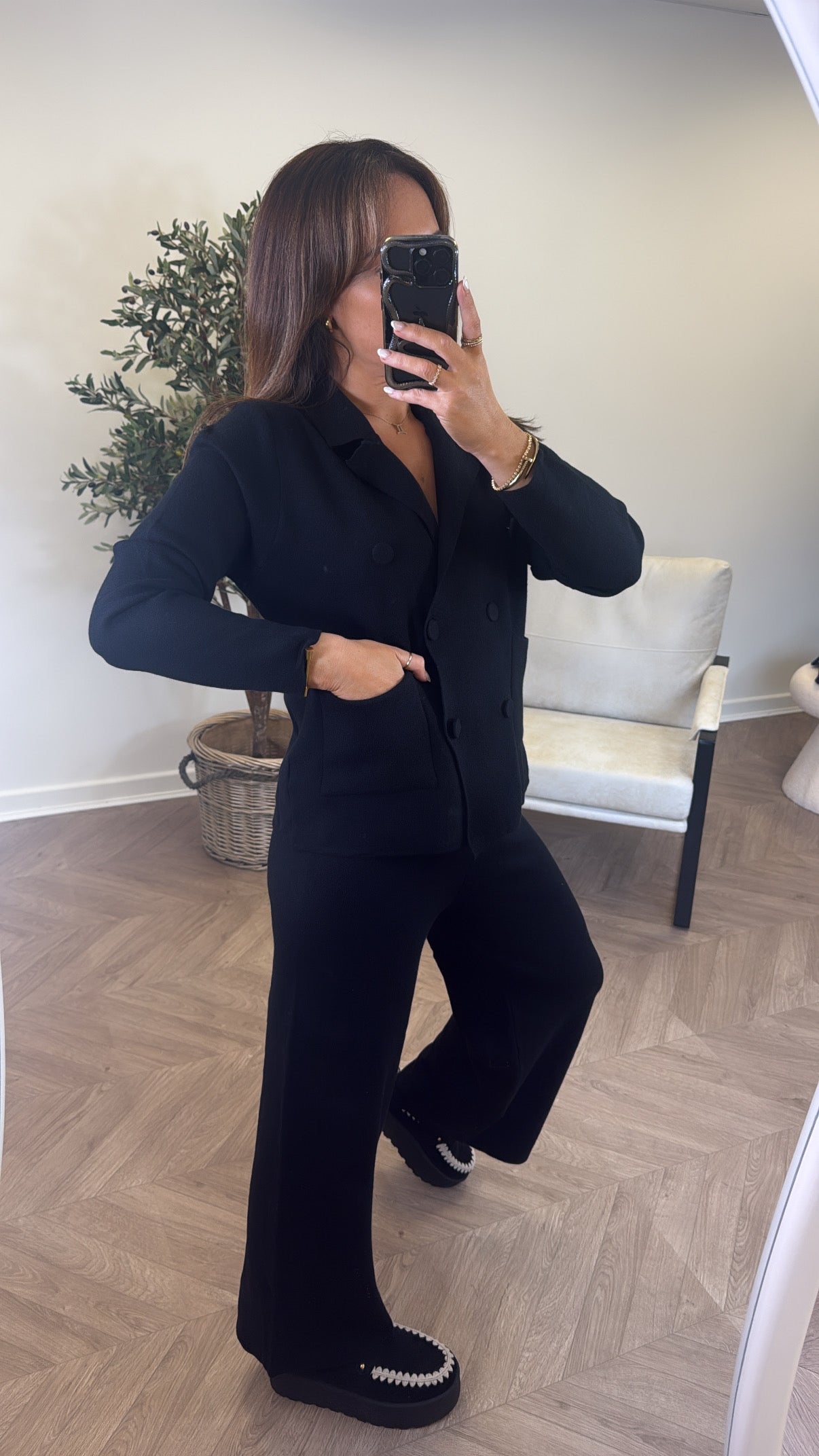RHEA black knitted cardigan lounge set (shorter leg length)