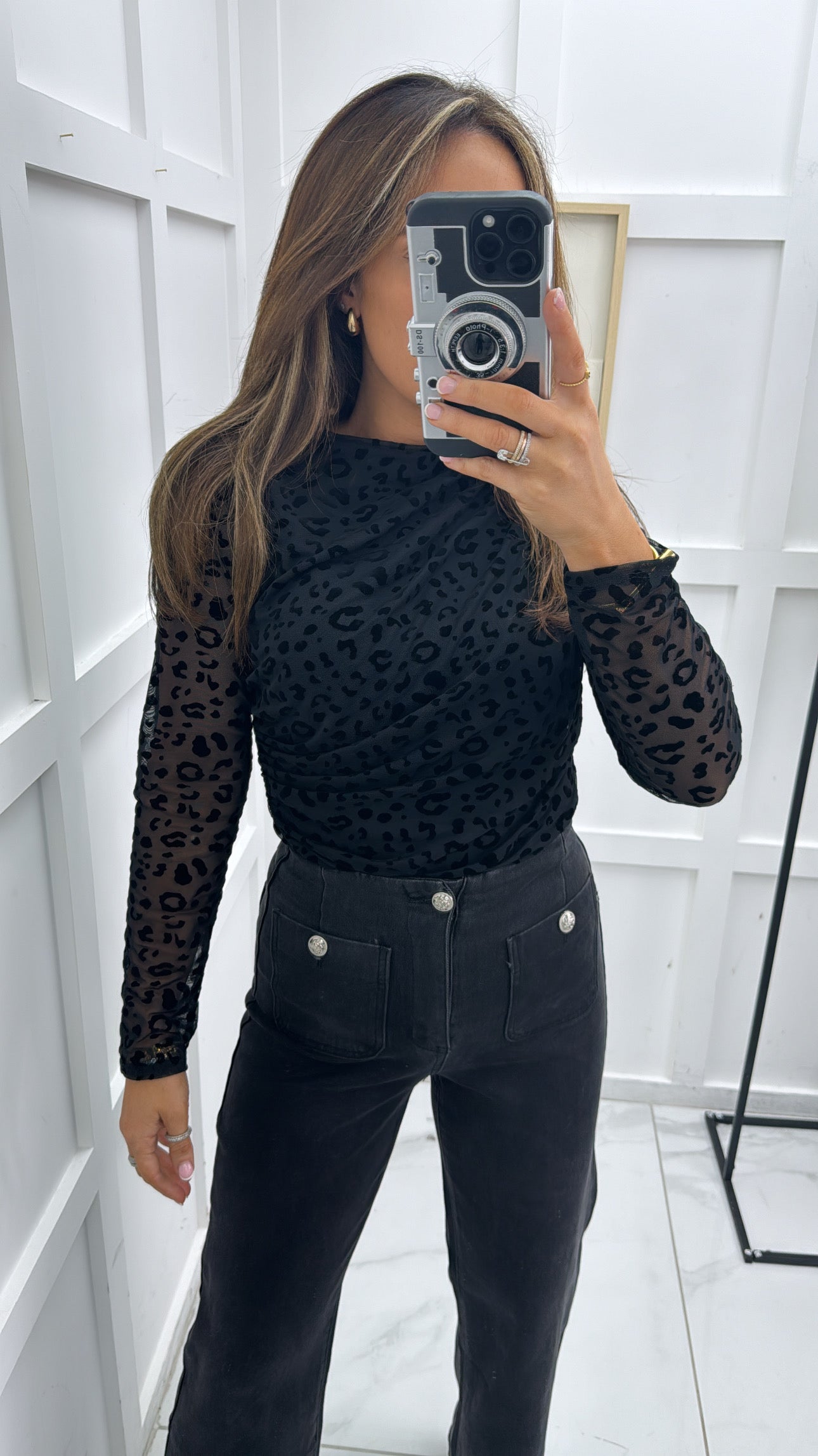 ALANA black mesh devore leopard print bodysuit