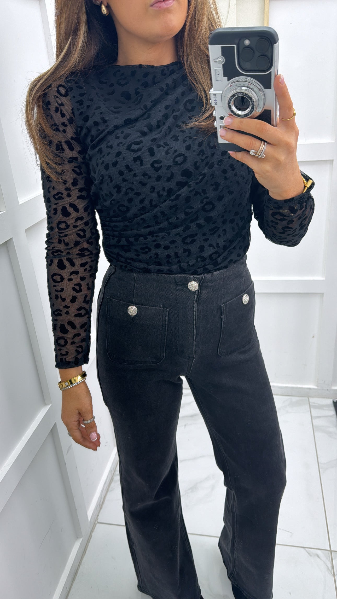 ALANA black mesh devore leopard print bodysuit