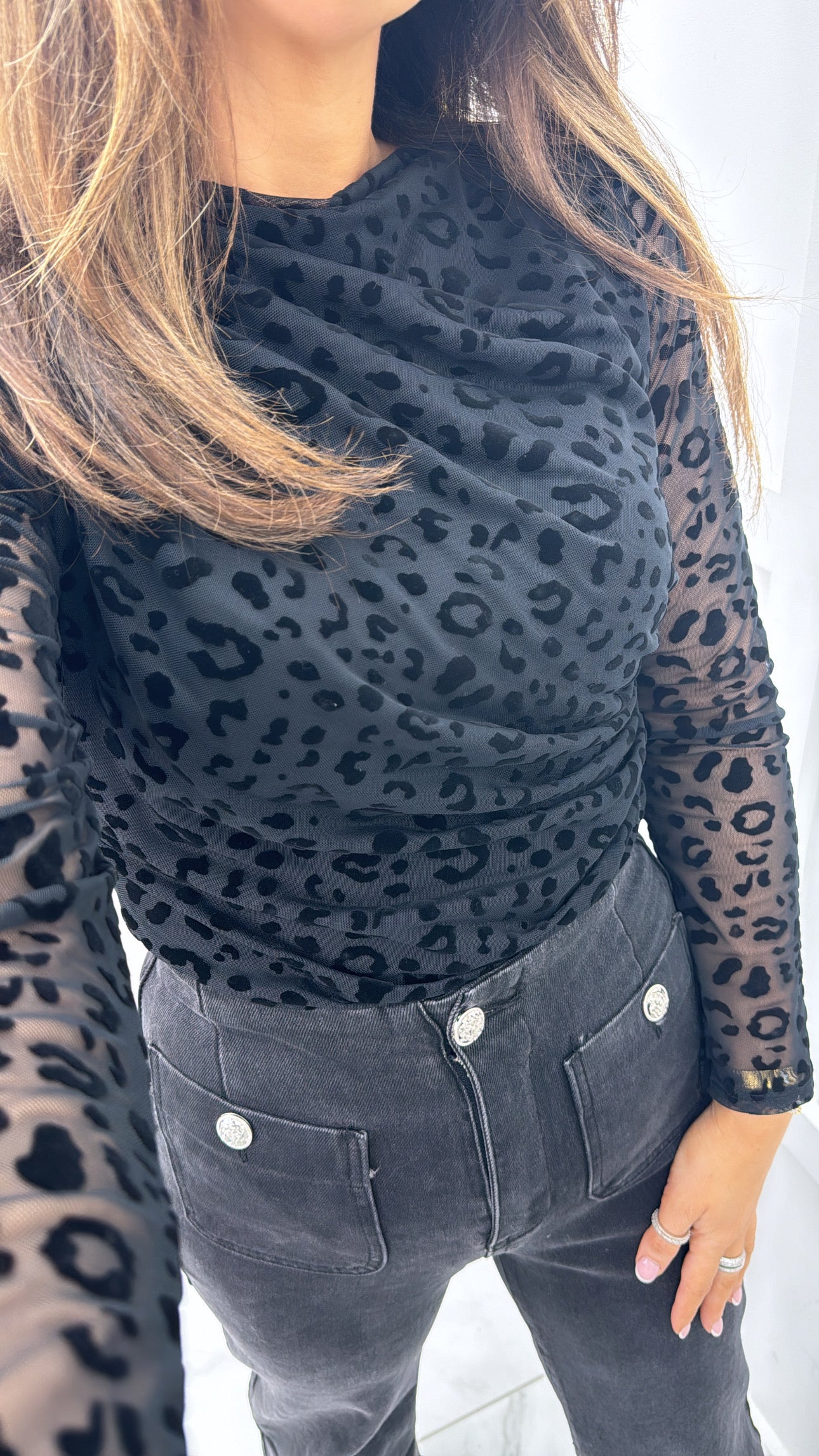 ALANA black mesh devore leopard print bodysuit