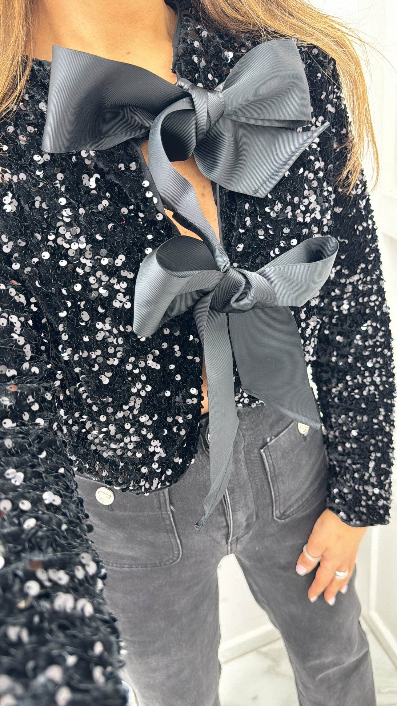 AMELIA black sequin & ribbon tie top