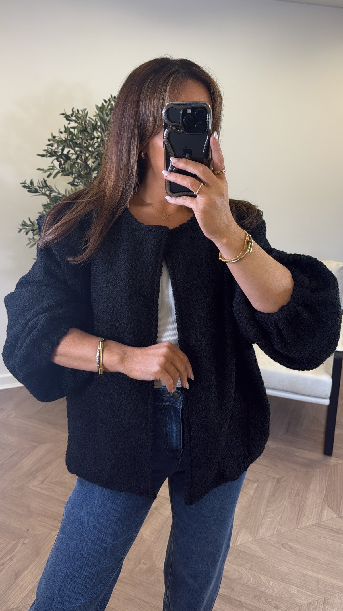 MILEY black teddy jacket with structured shoulder