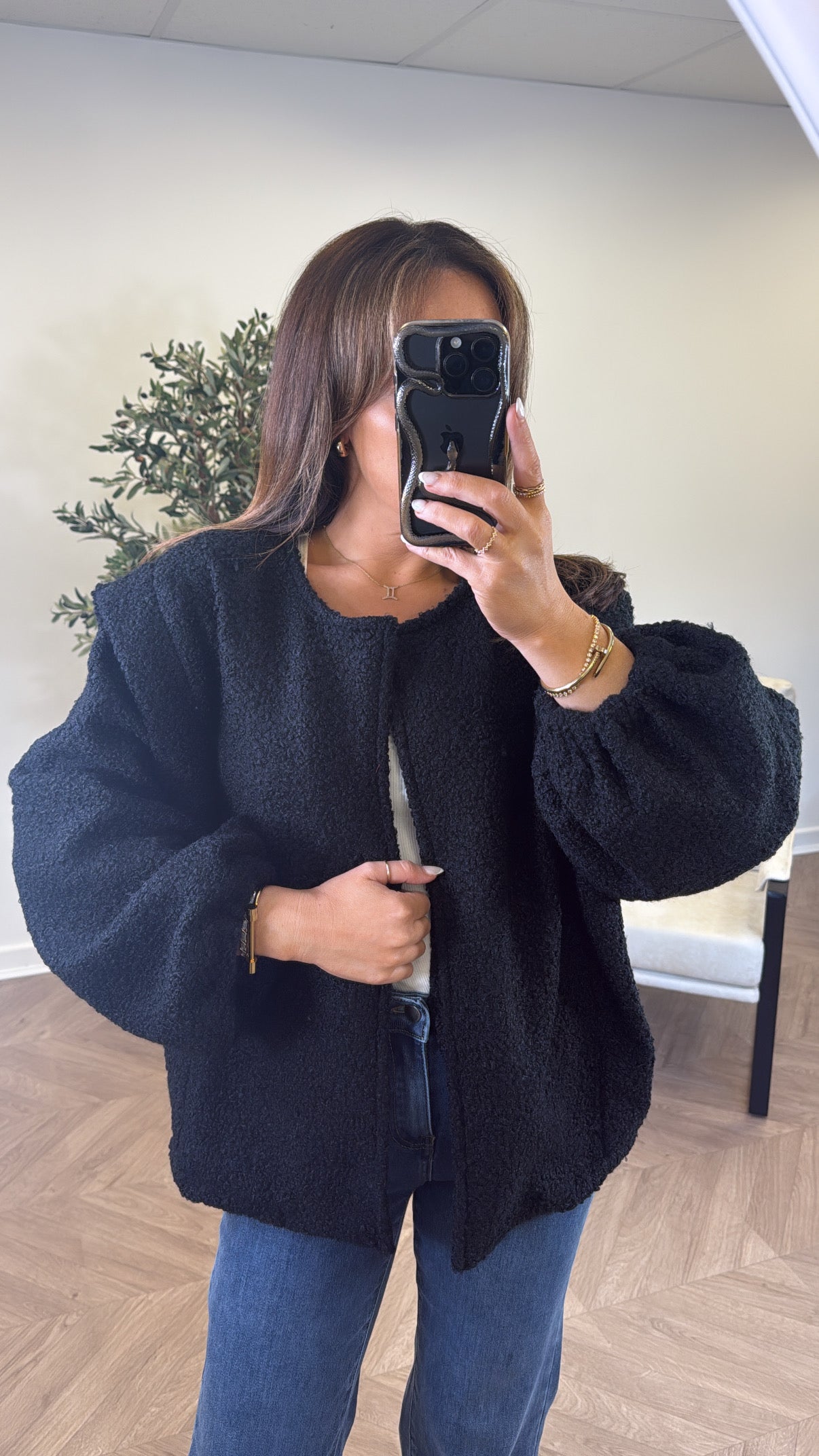 MILEY black teddy jacket with structured shoulder