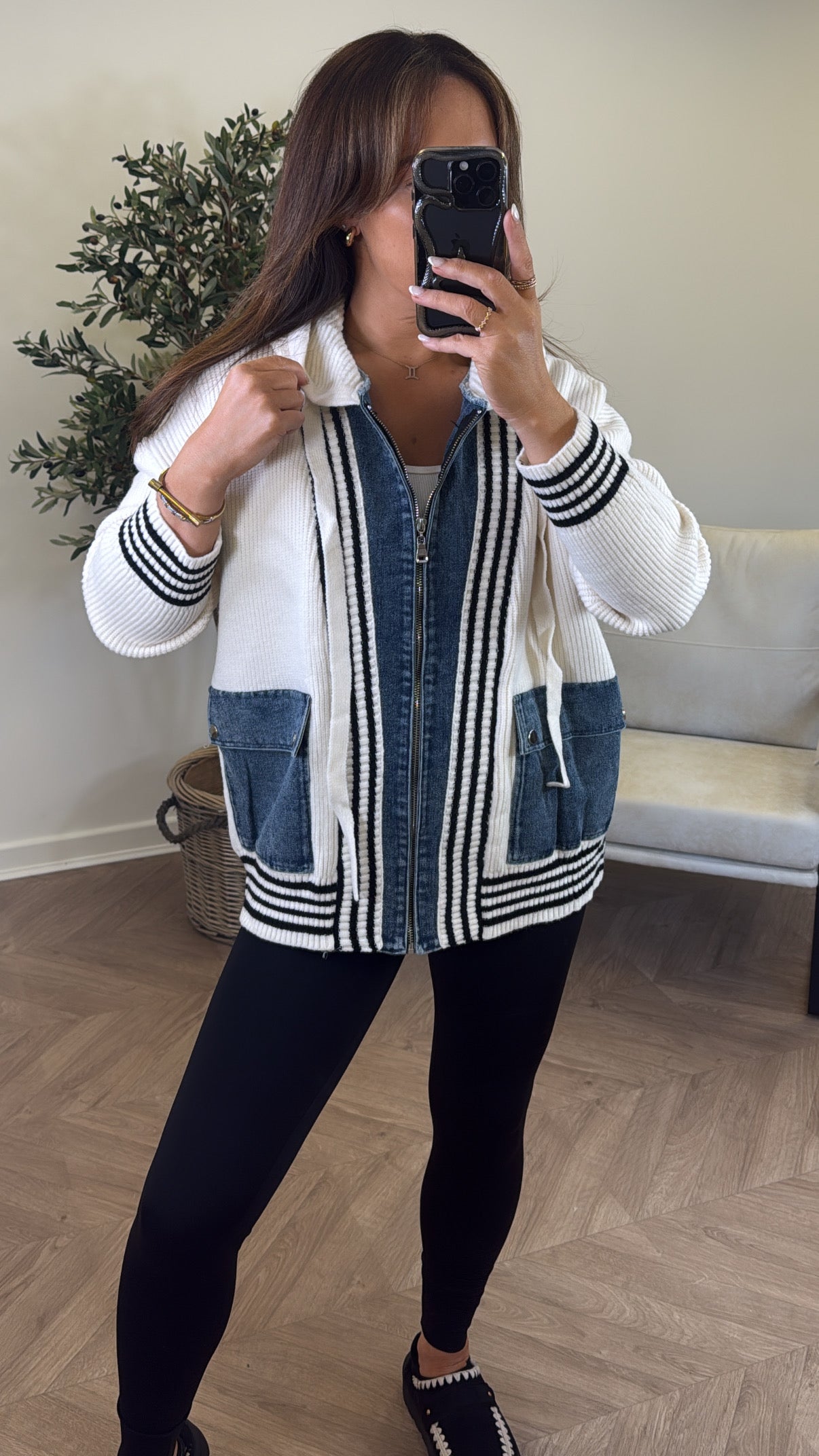 ALIX cream hooded denim contrast cardigan