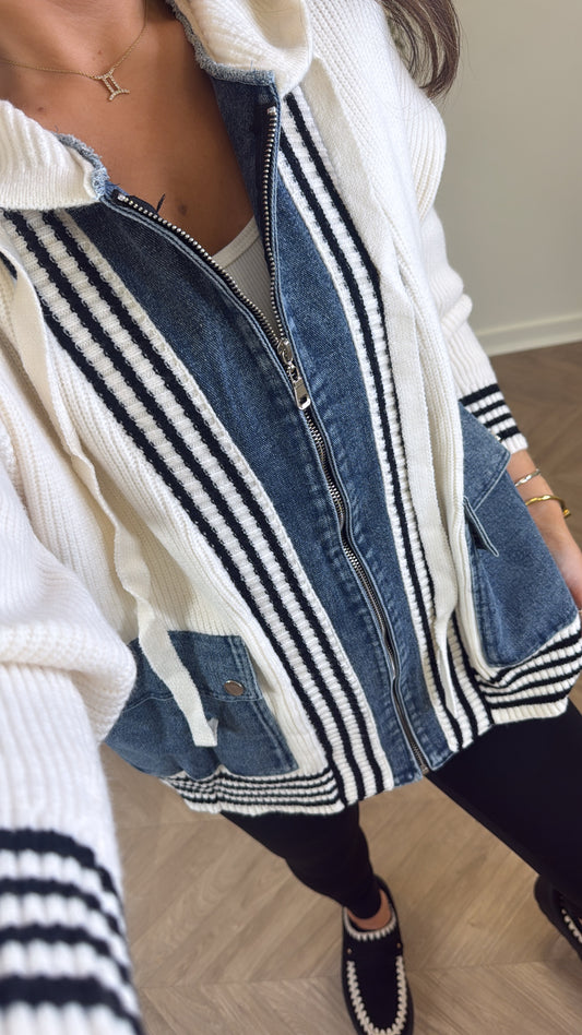 ALIX cream hooded denim contrast cardigan
