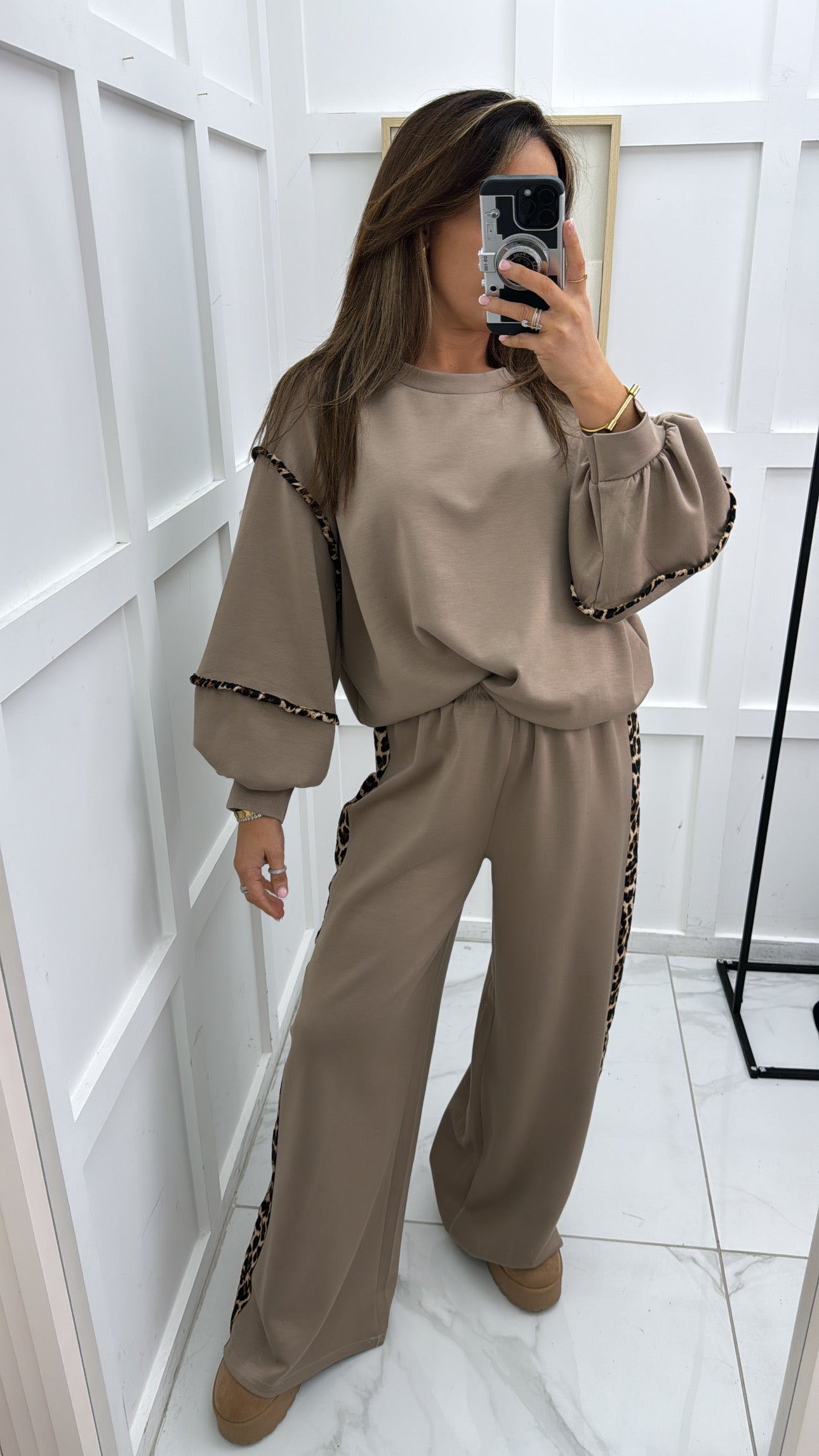 BIANCA mocha with leopard print top and wide leg joggers tracksuit