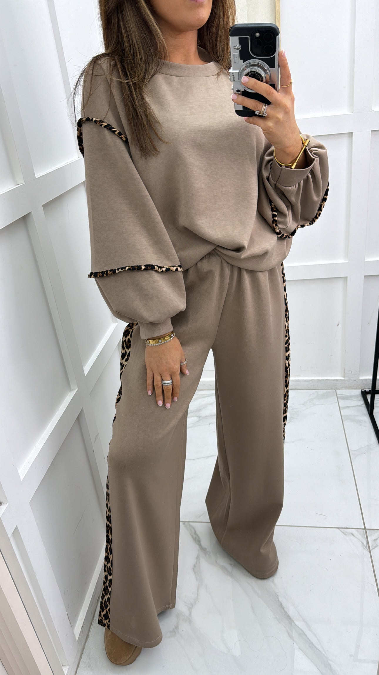 BIANCA mocha with leopard print top and wide leg joggers tracksuit