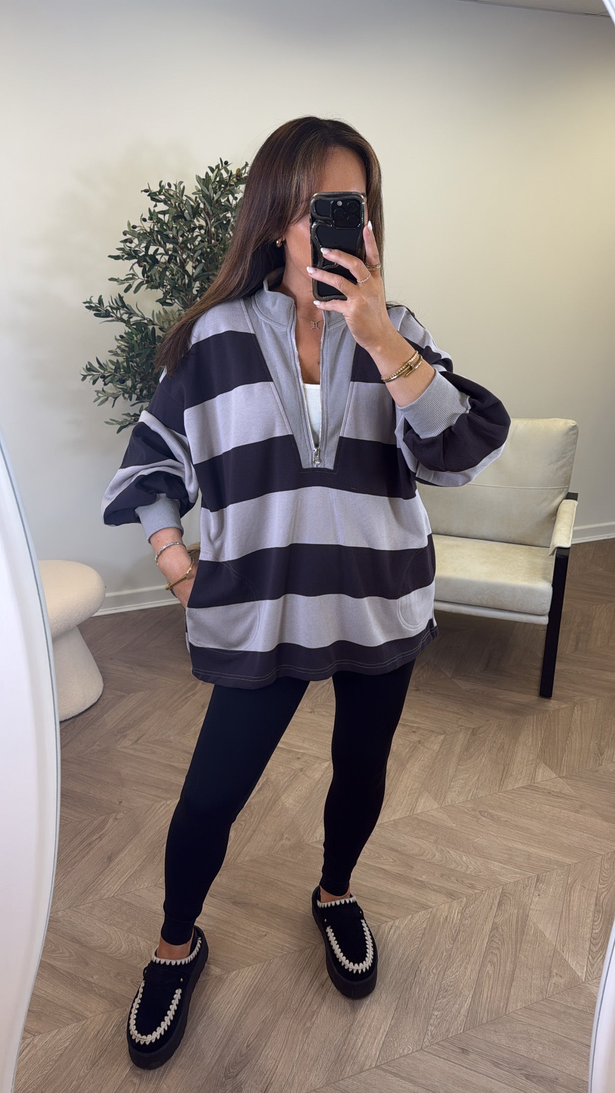 CONNIE grey striped rugby style sweatshirt