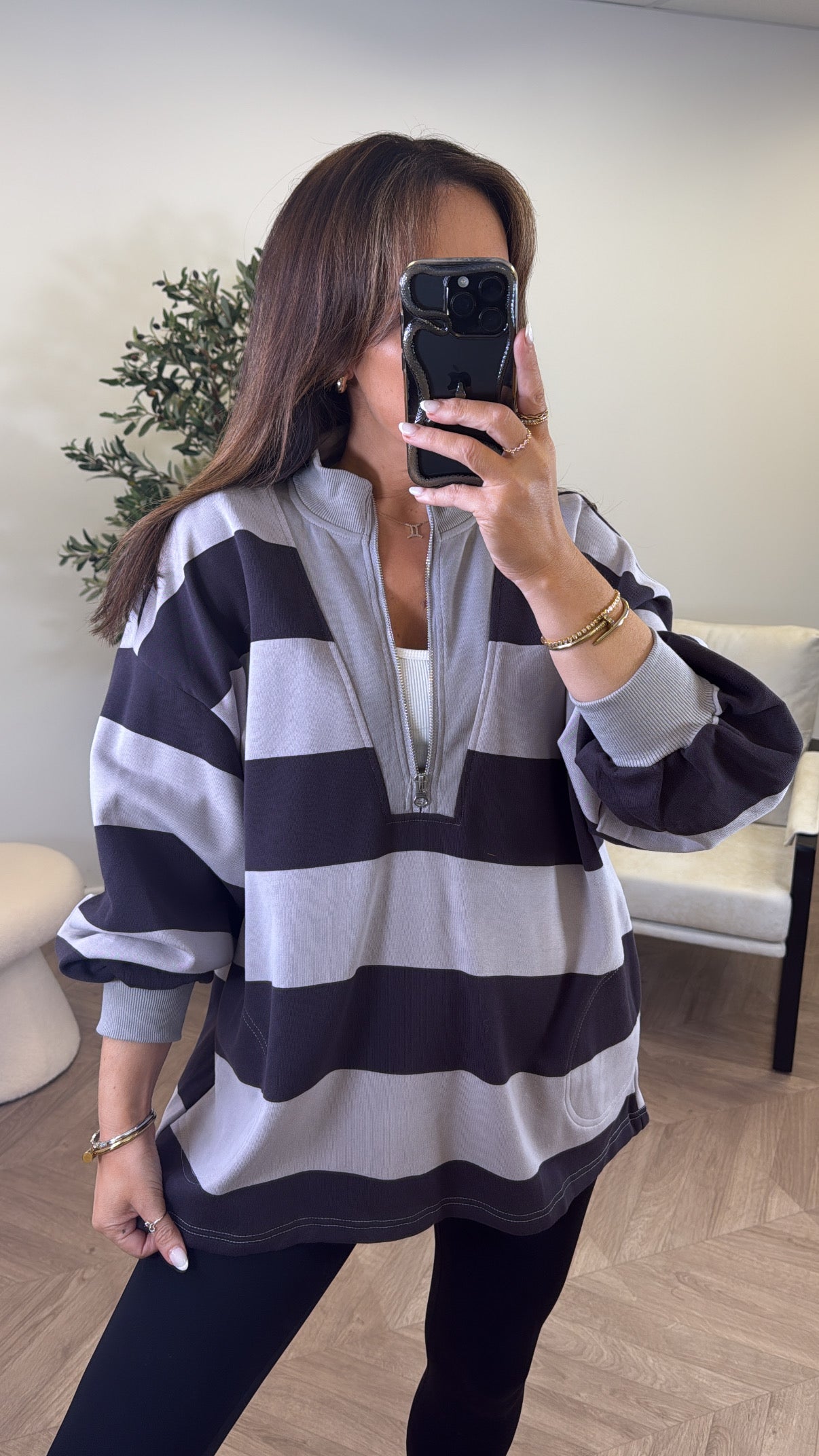 CONNIE grey striped rugby style sweatshirt
