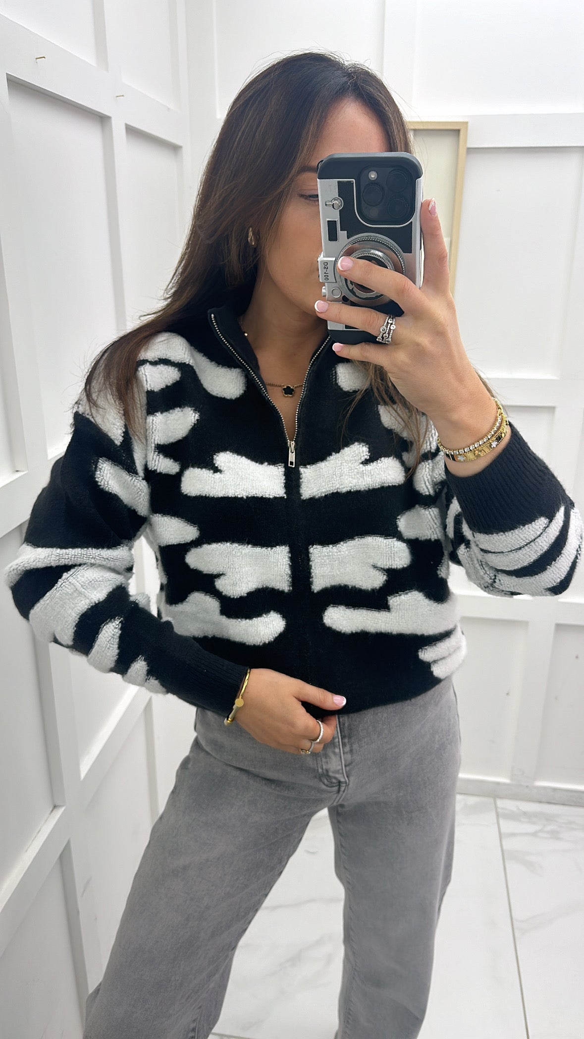 LOLA charcoal grey & white two tone zip up cardigan